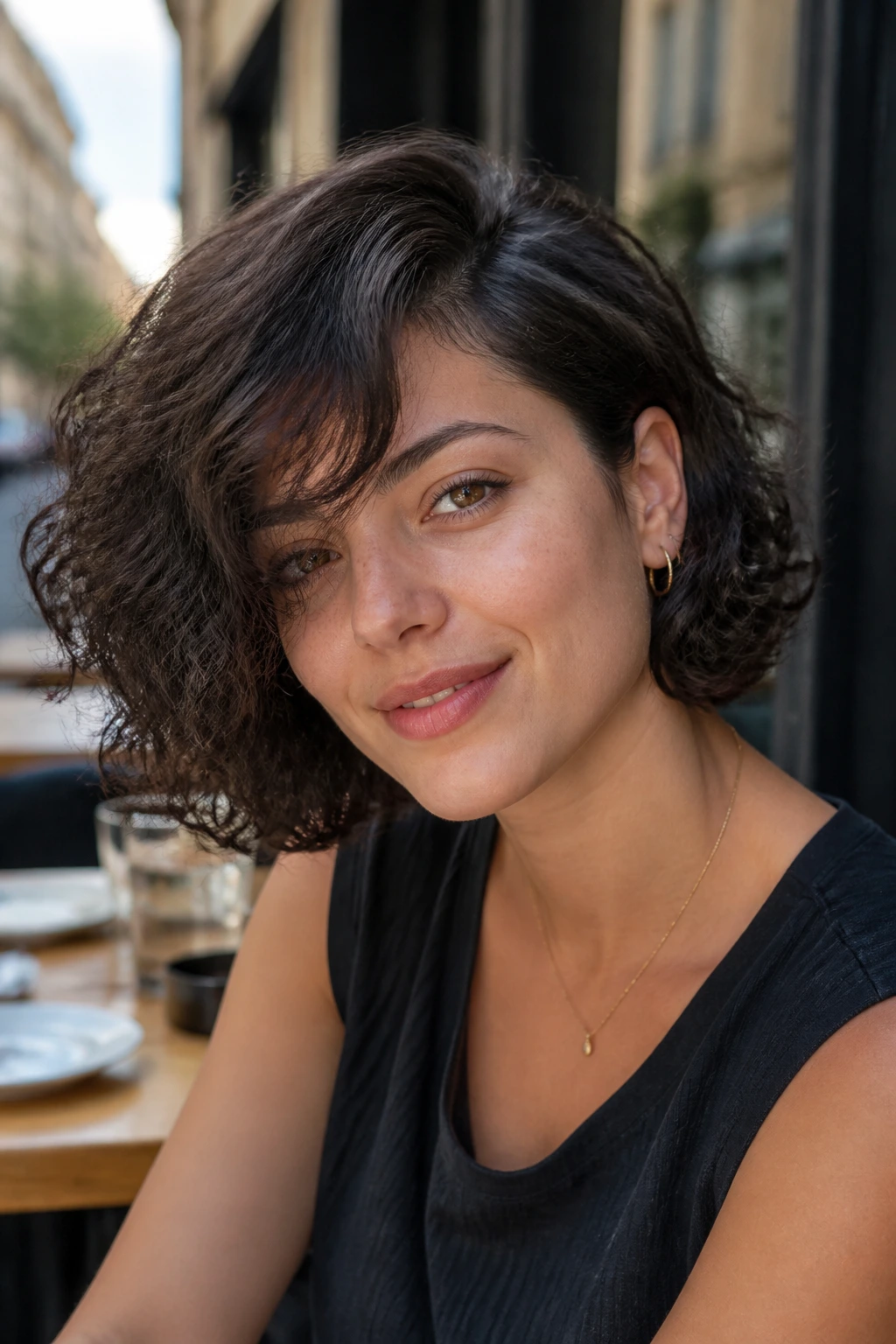 Portrait of a real woman with deep side-parted bob and asymmetrical bangs