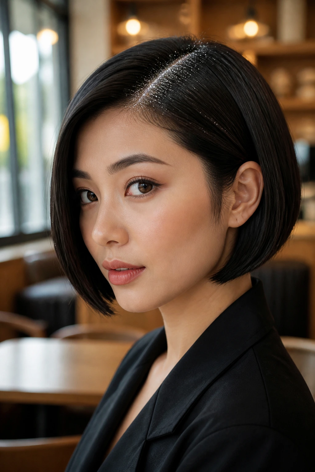 Close-up of a woman with a deep side part bob and silver shimmer along the part.