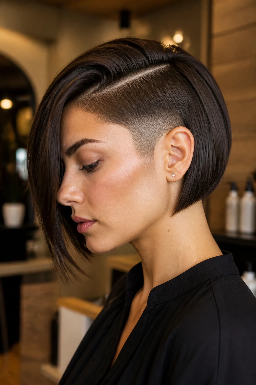 Close-up of a real person with a deep-part bob and undercut in a chic salon.