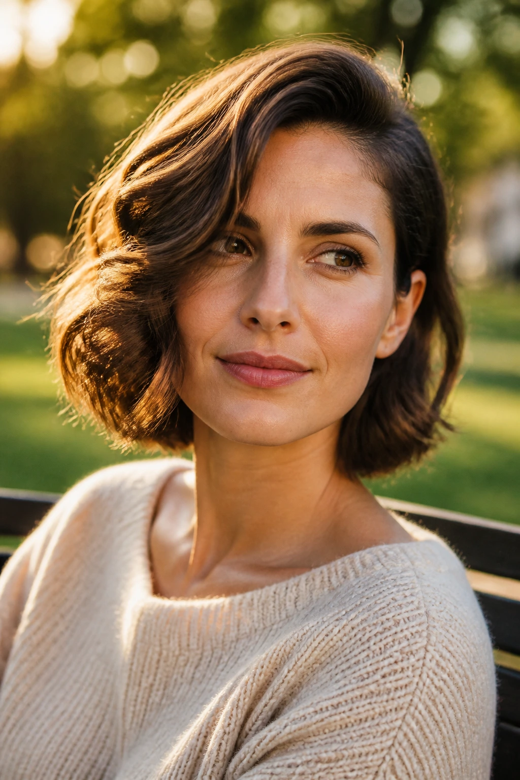 Woman with deep-parted wavy bob in golden-hour sunlight