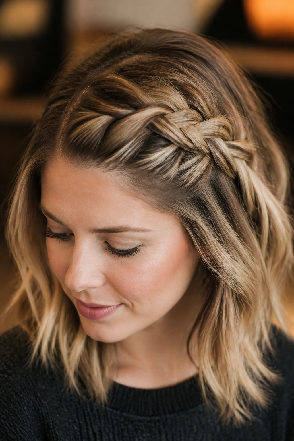 Close-up of a woman with a deep-side-part French braid across the forehead