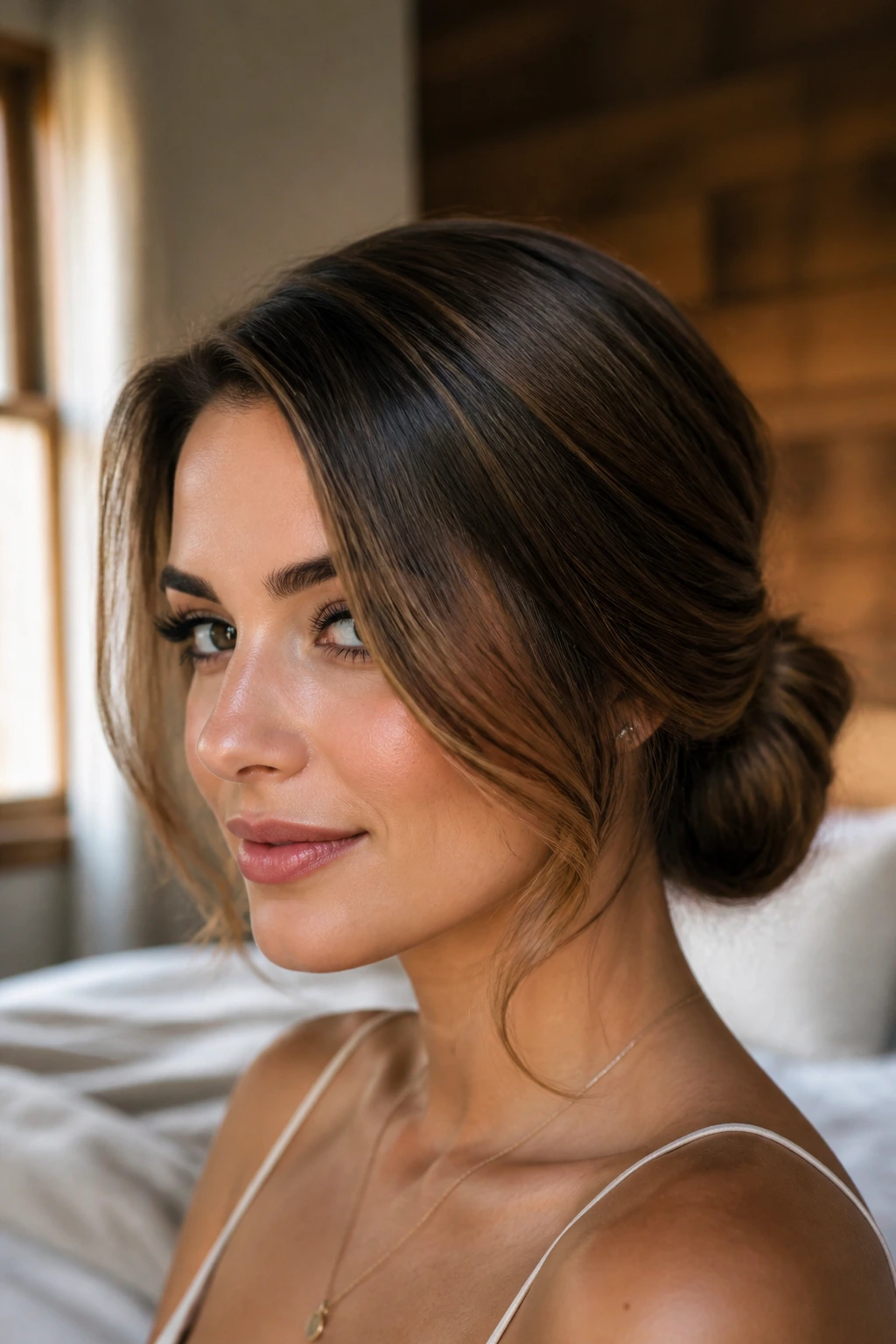 Close-up of a real woman with a deep-parted low bun in warm window light