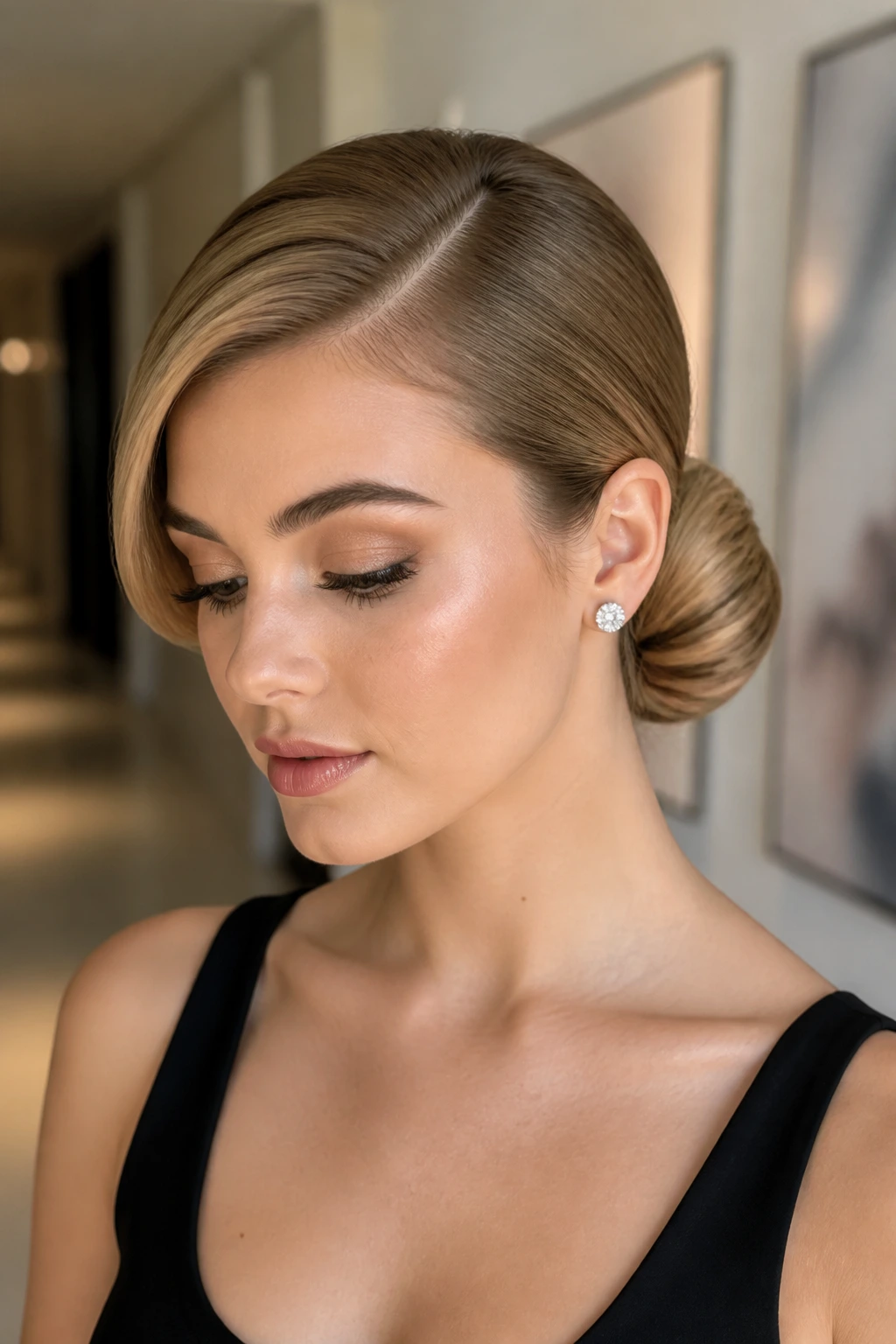 Real woman with deep side part and low chignon in soft hallway light