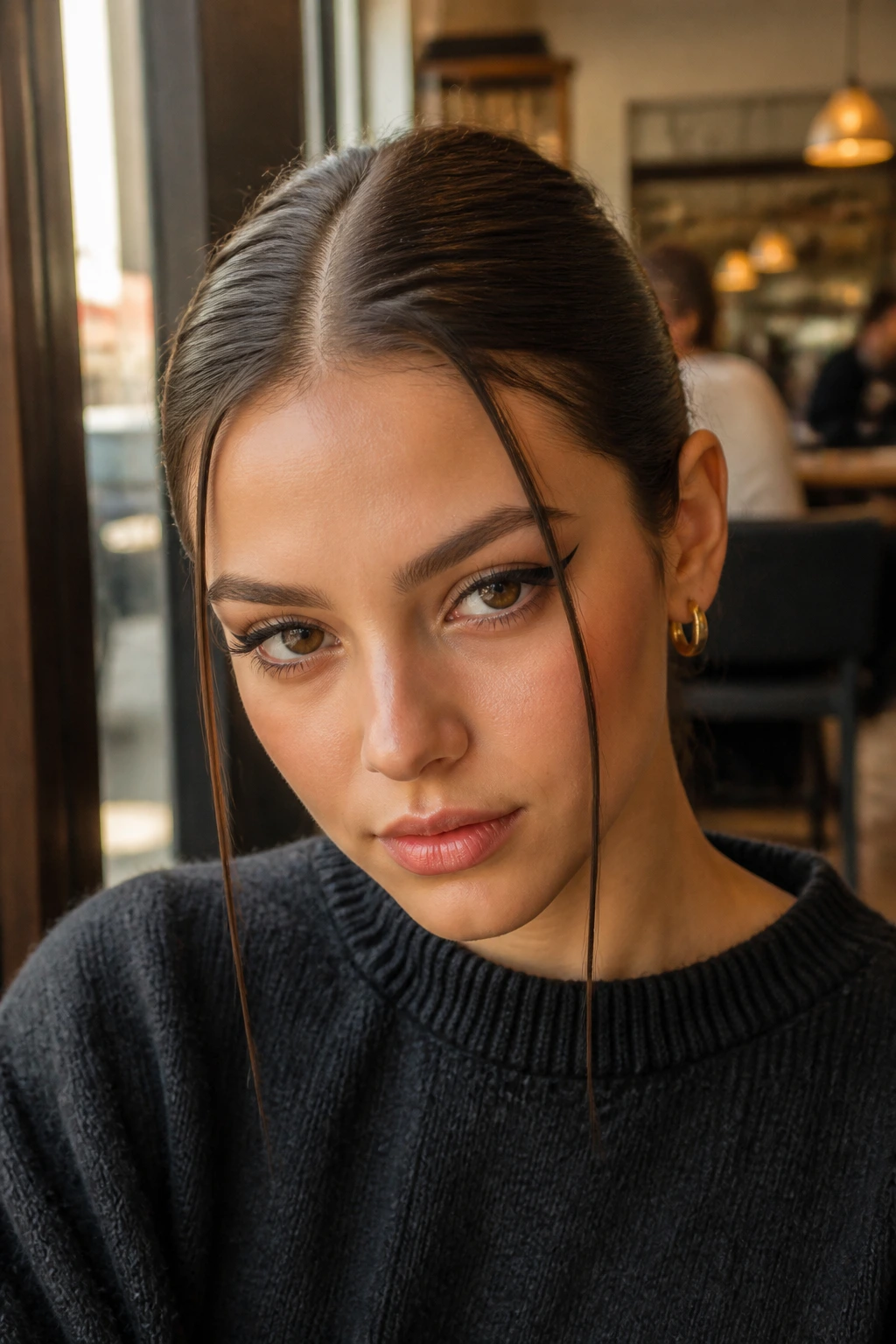 Real woman with deep center part and face-framing tendrils