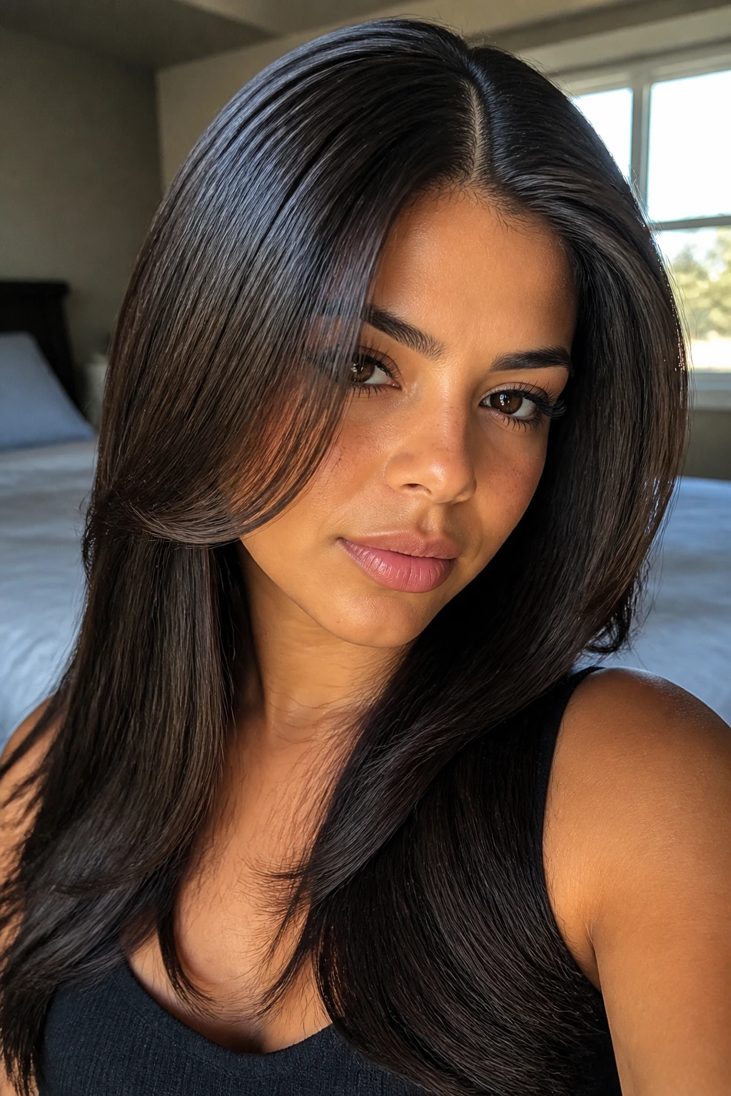 Close-up of a real Latina woman with a deep part and face-framing layers, silky straight hair