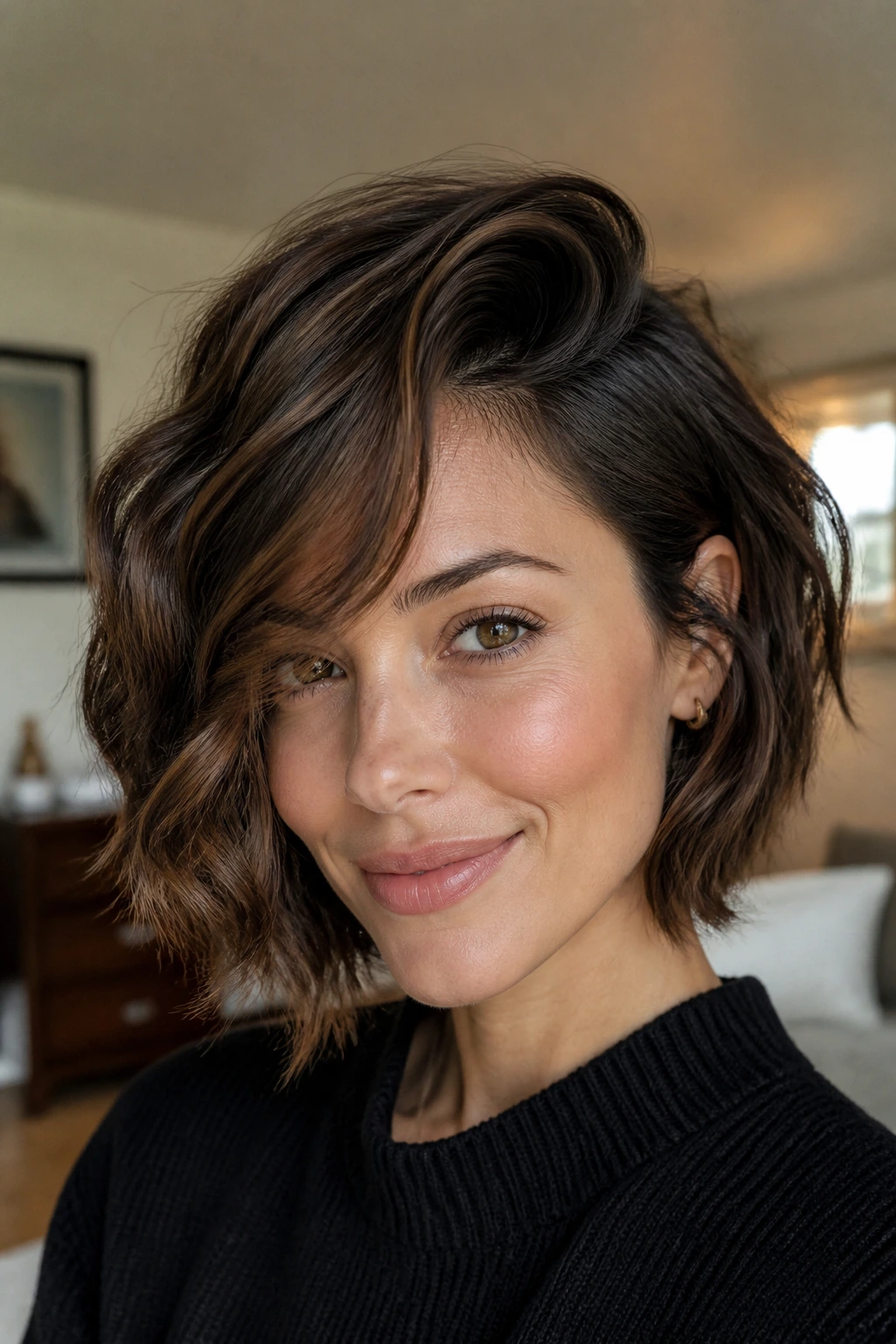 Close-up of a real woman with a deep-part inverted bob and curtain bangs in warm window light