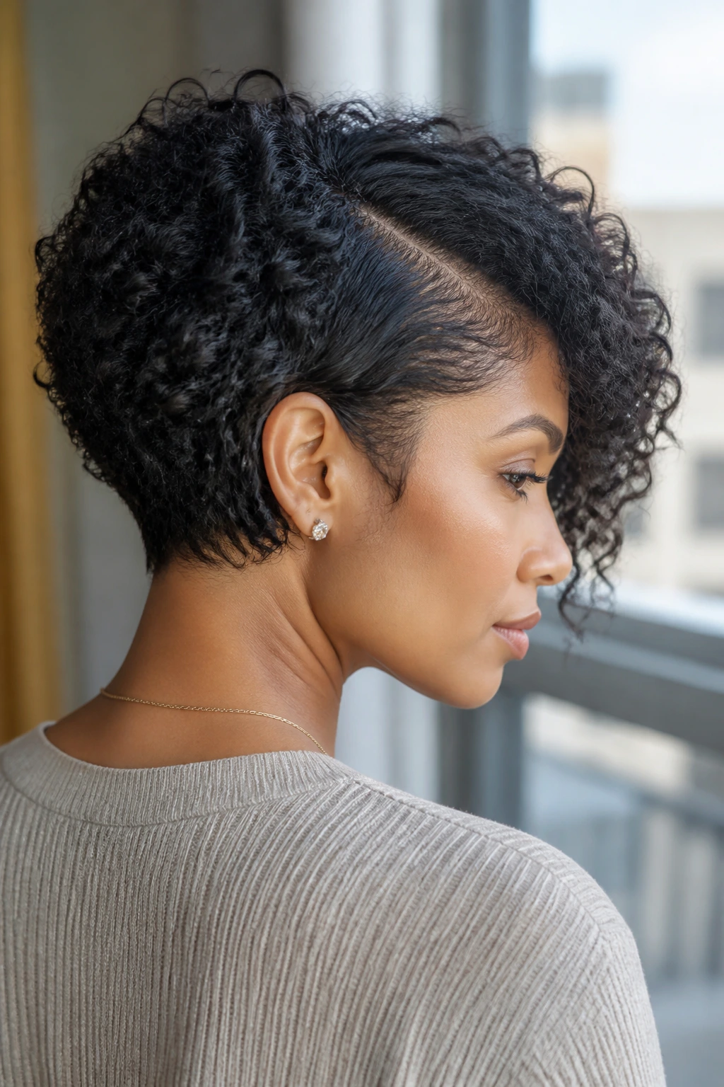 Portrait of real woman with deep-part inverted stack hairstyle in sunlit room