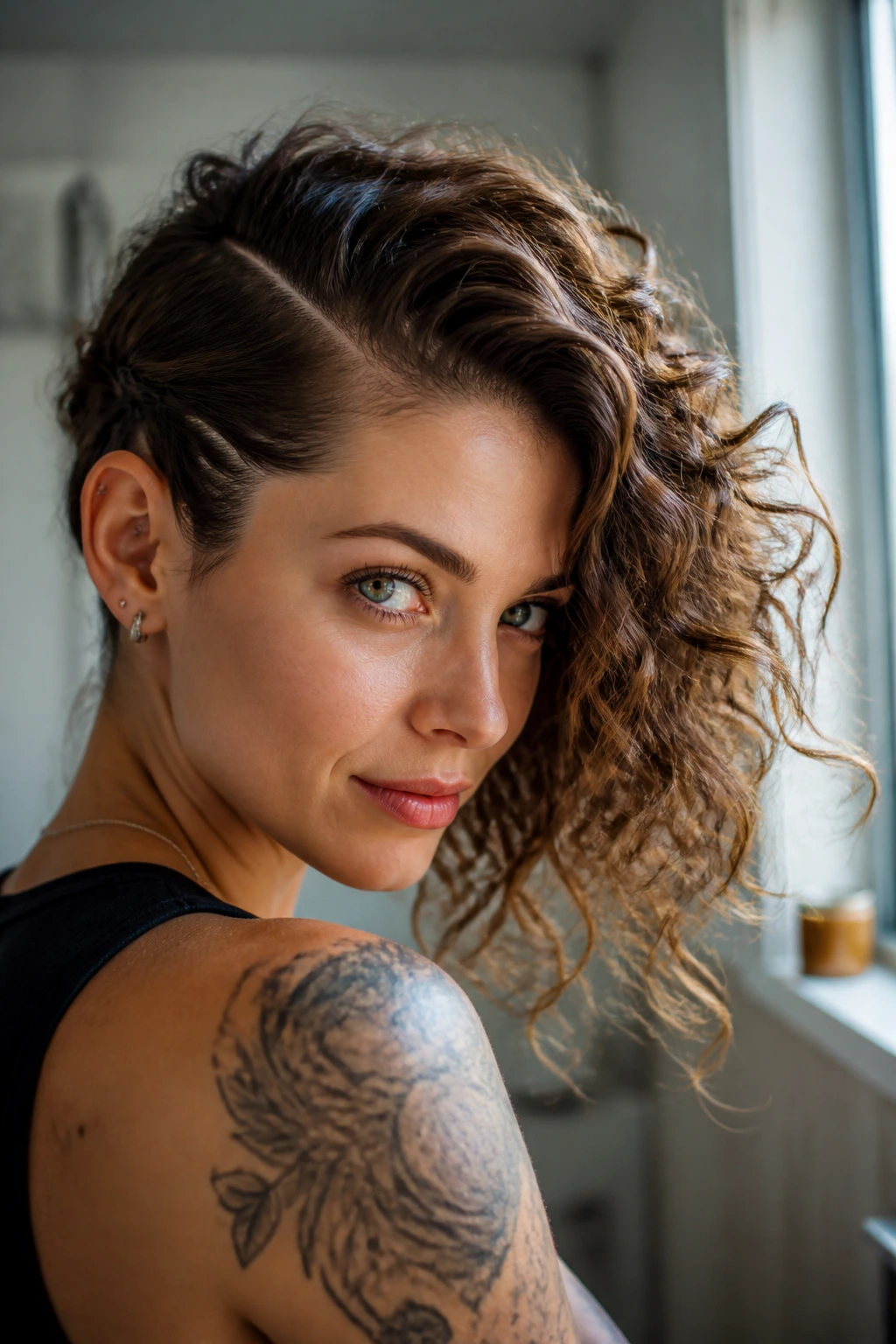 Close-up portrait of a real person with a deep-parting mohawk and lifted mohawk side in natural light.