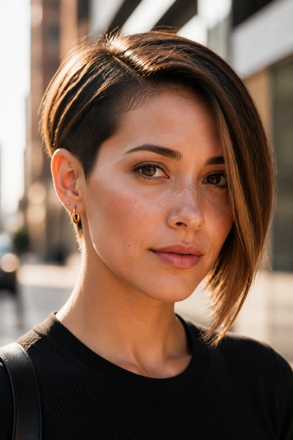 Close-up of a real person with a deep-parted pixie-bob