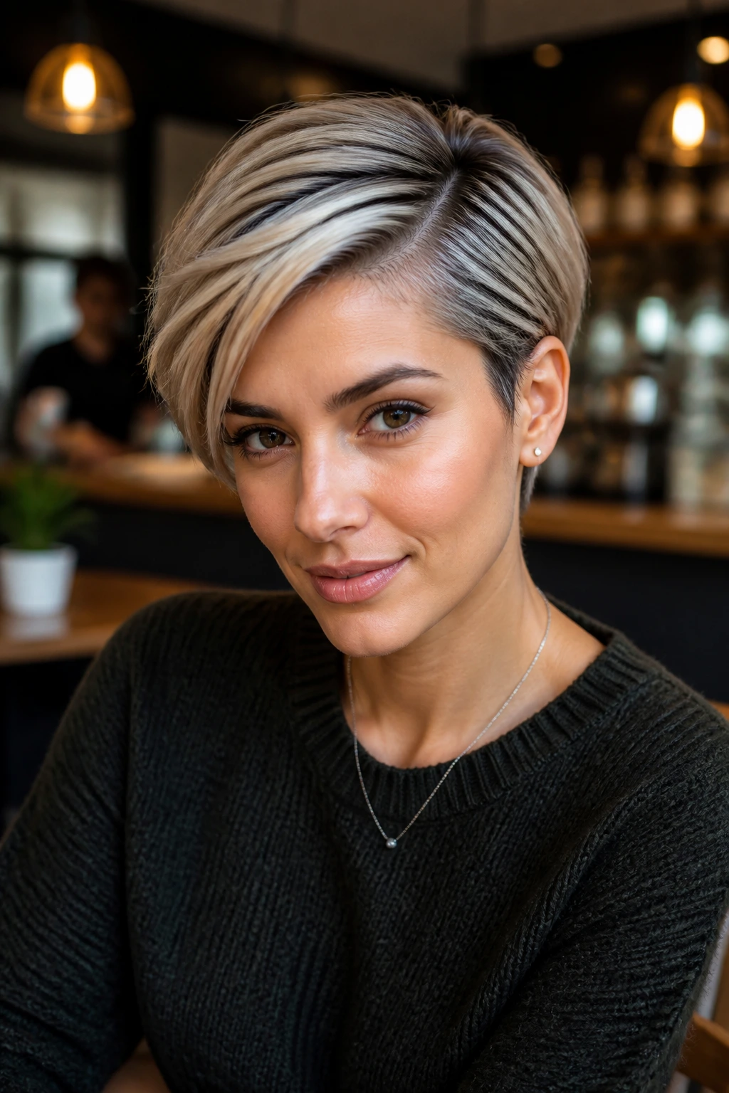 Close-up of a real person with a deep-parted pixie hairstyle in a cafe