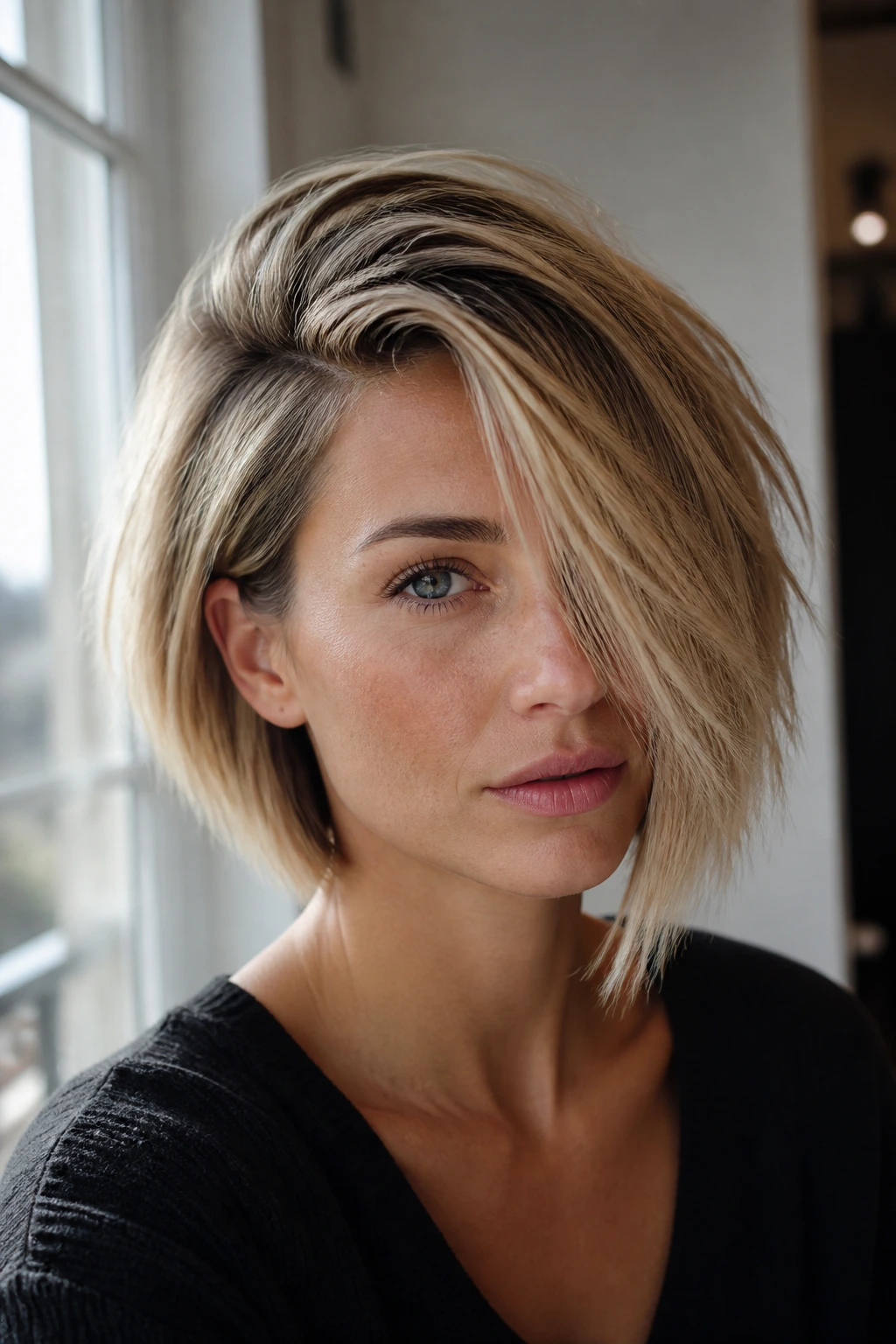 Real woman with deep-parted razored bob in bright light