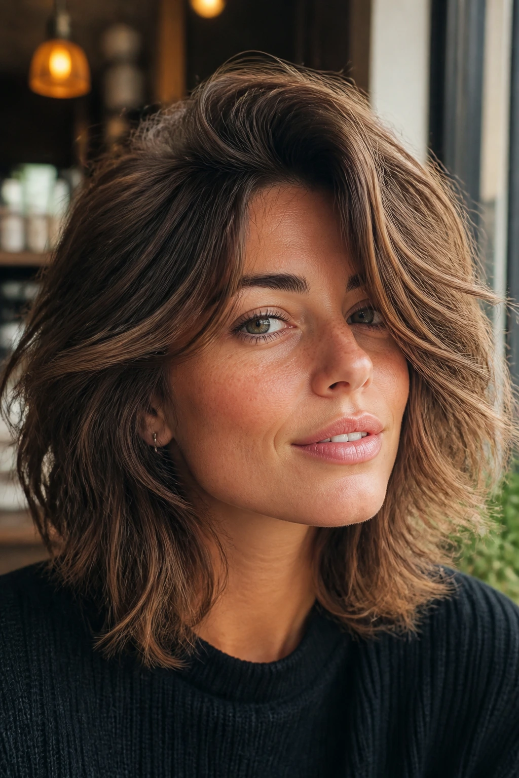 Close-up portrait of a real woman with a deep-part shag hairstyle and dramatic side fringe in warm window light