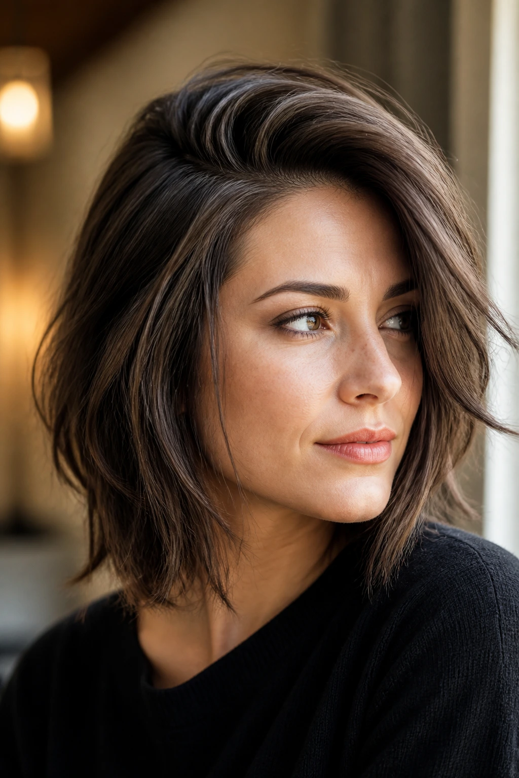 Portrait of person with deep-part shag showing dramatic lift at the crown.