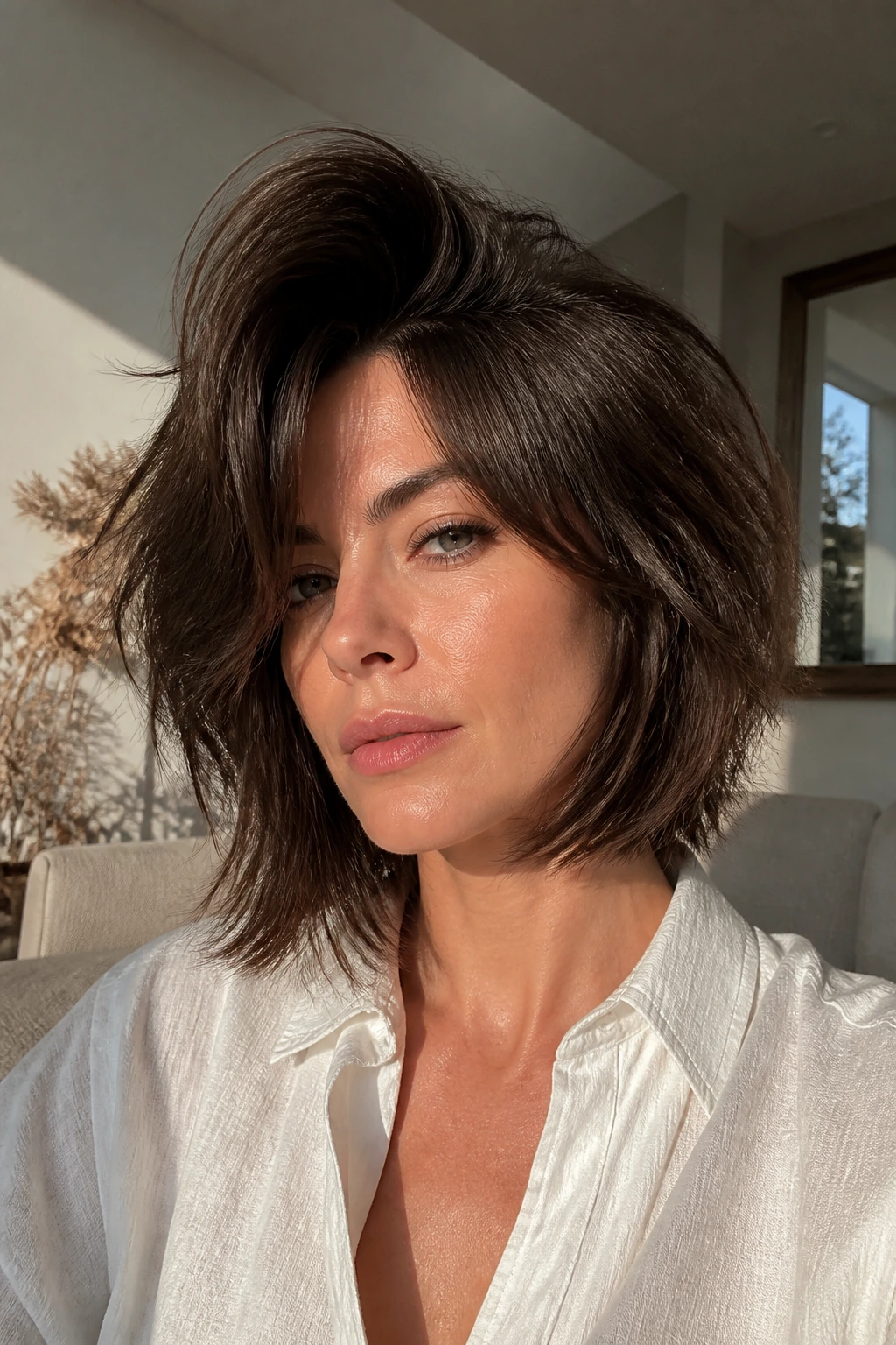 Portrait of a woman with a deep-part shag and dramatic swoop