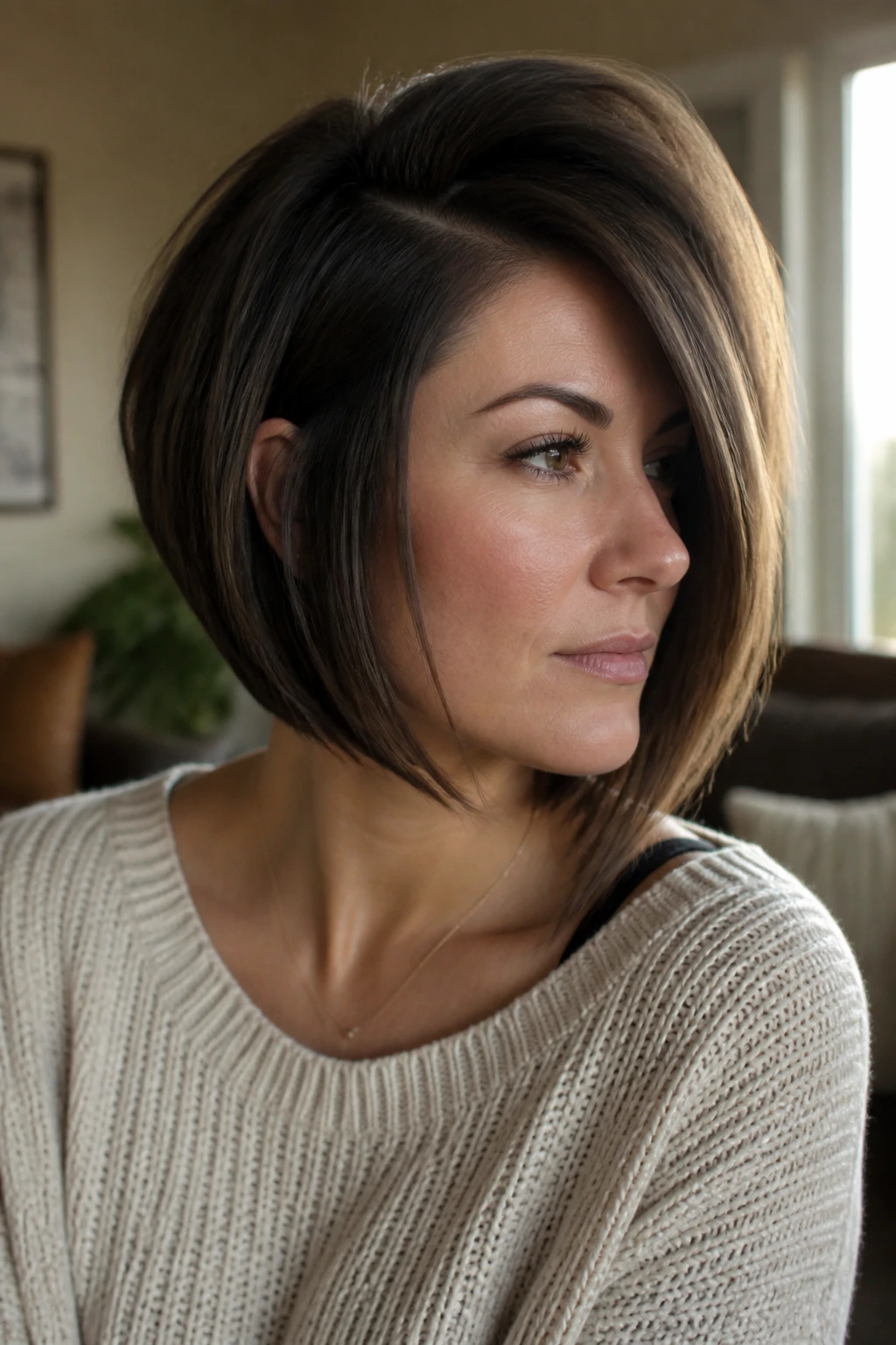 Close-up portrait of a real woman with deep-part side angle hairstyle