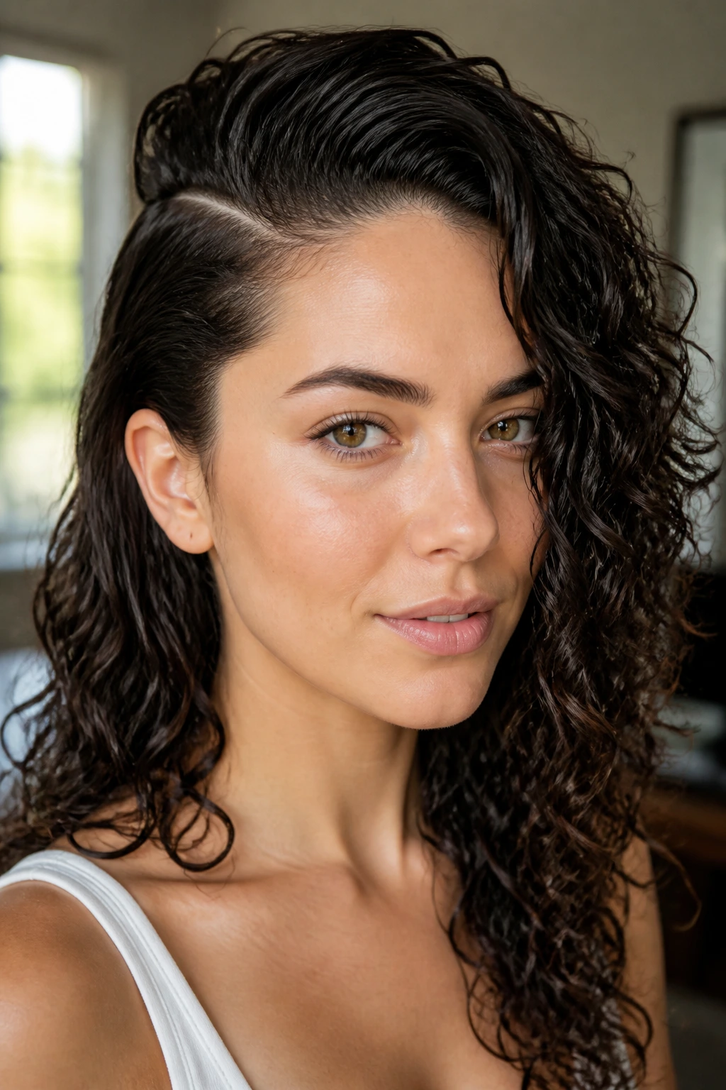 Close-up of a real woman with a deep side part and lifted roots.