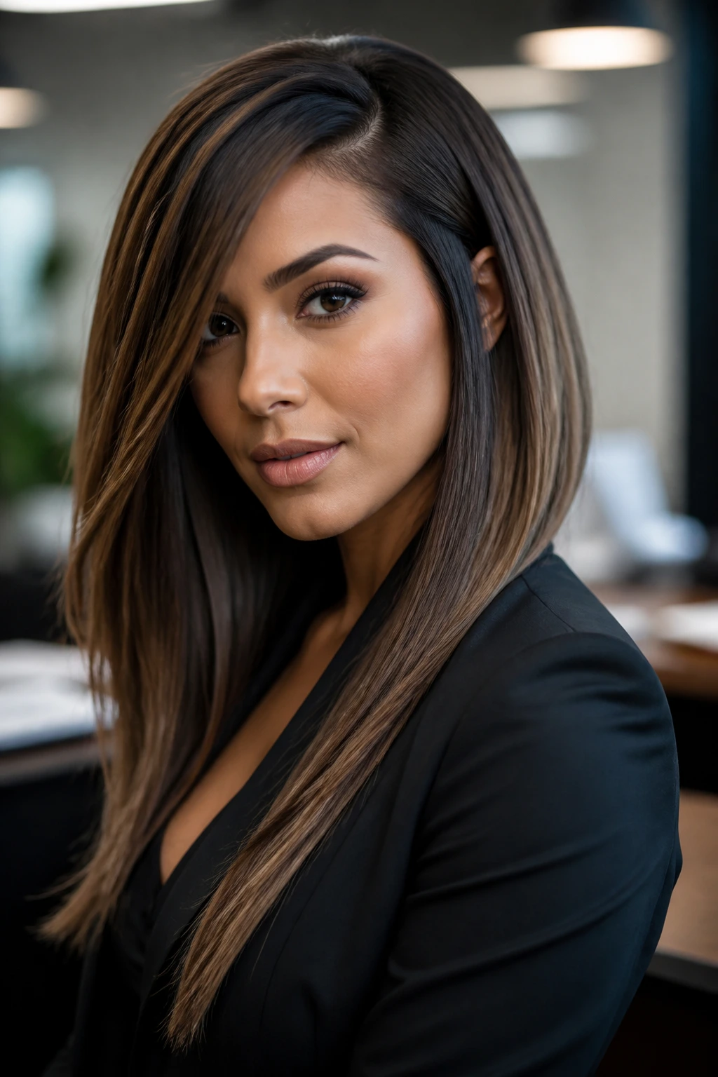 Close-up portrait of a real woman with a Deep-Parted Angled Bob in a professional office