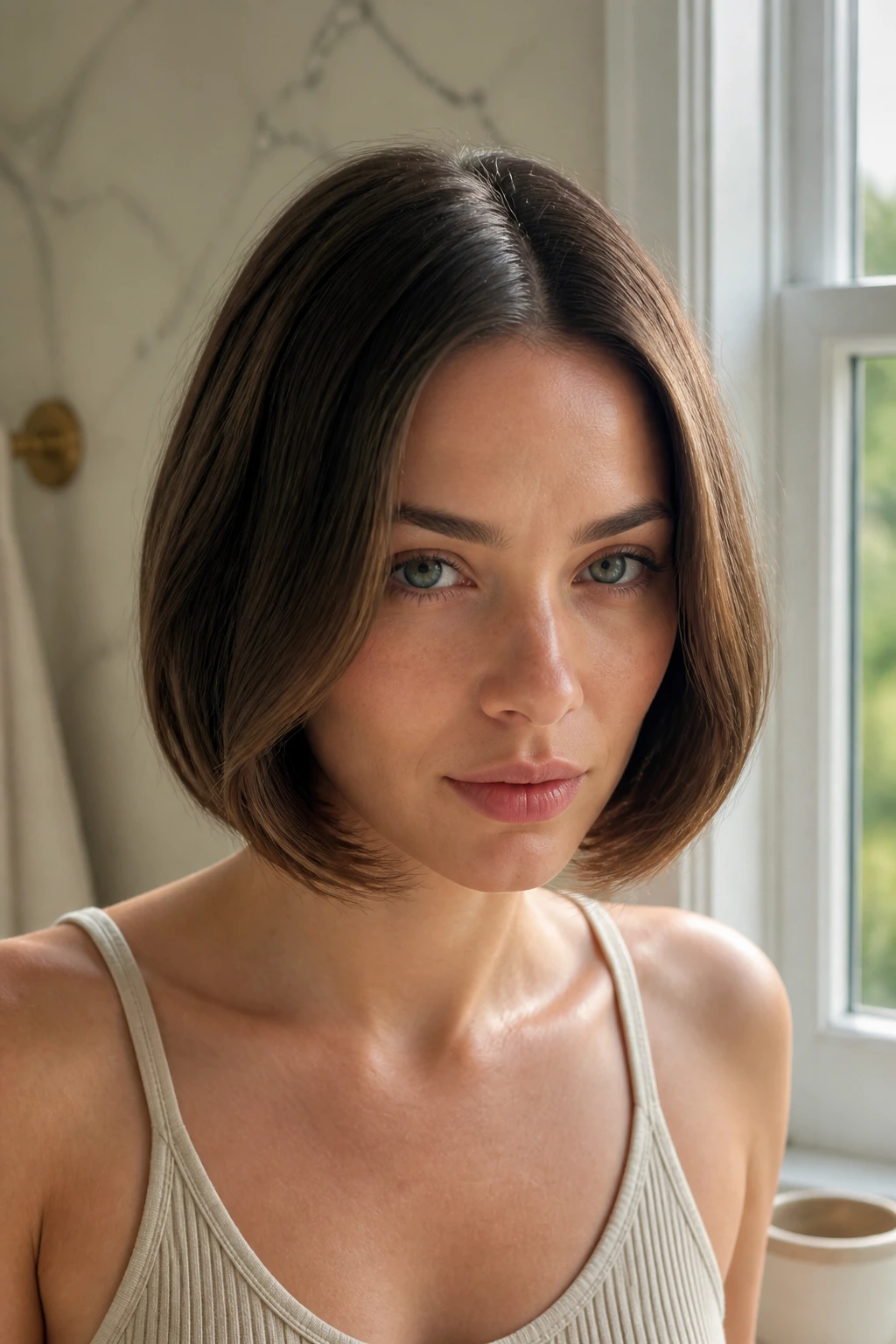 Close-up of a woman with a deep-parted chin-length bob under warm natural light.