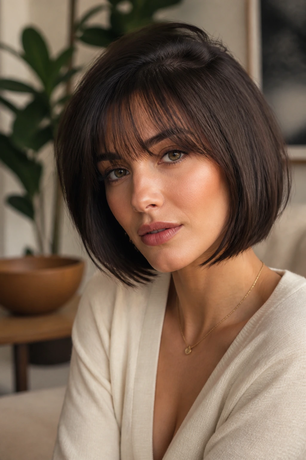 Close-up of real woman with deep-parted bob and straight bangs.