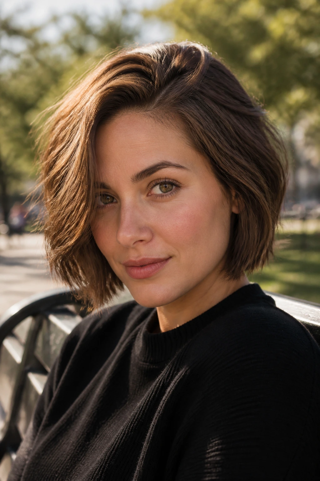 Close-up of a real woman with deep-parted textured bob