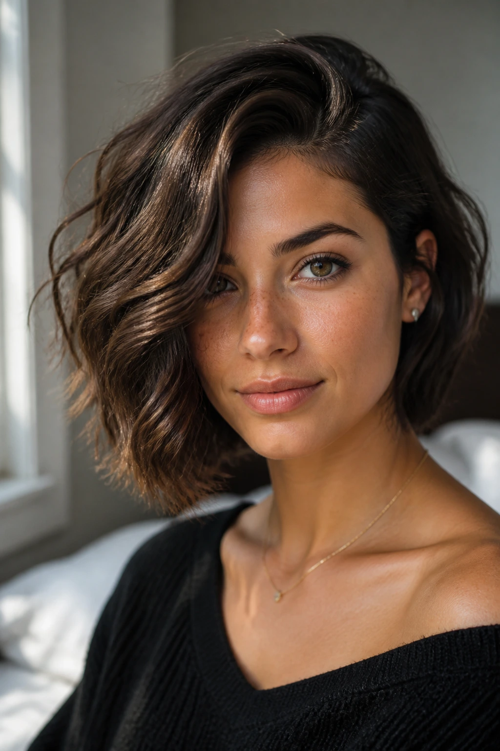 Close-up of a real woman's deep-parted wavy bob in warm natural light.