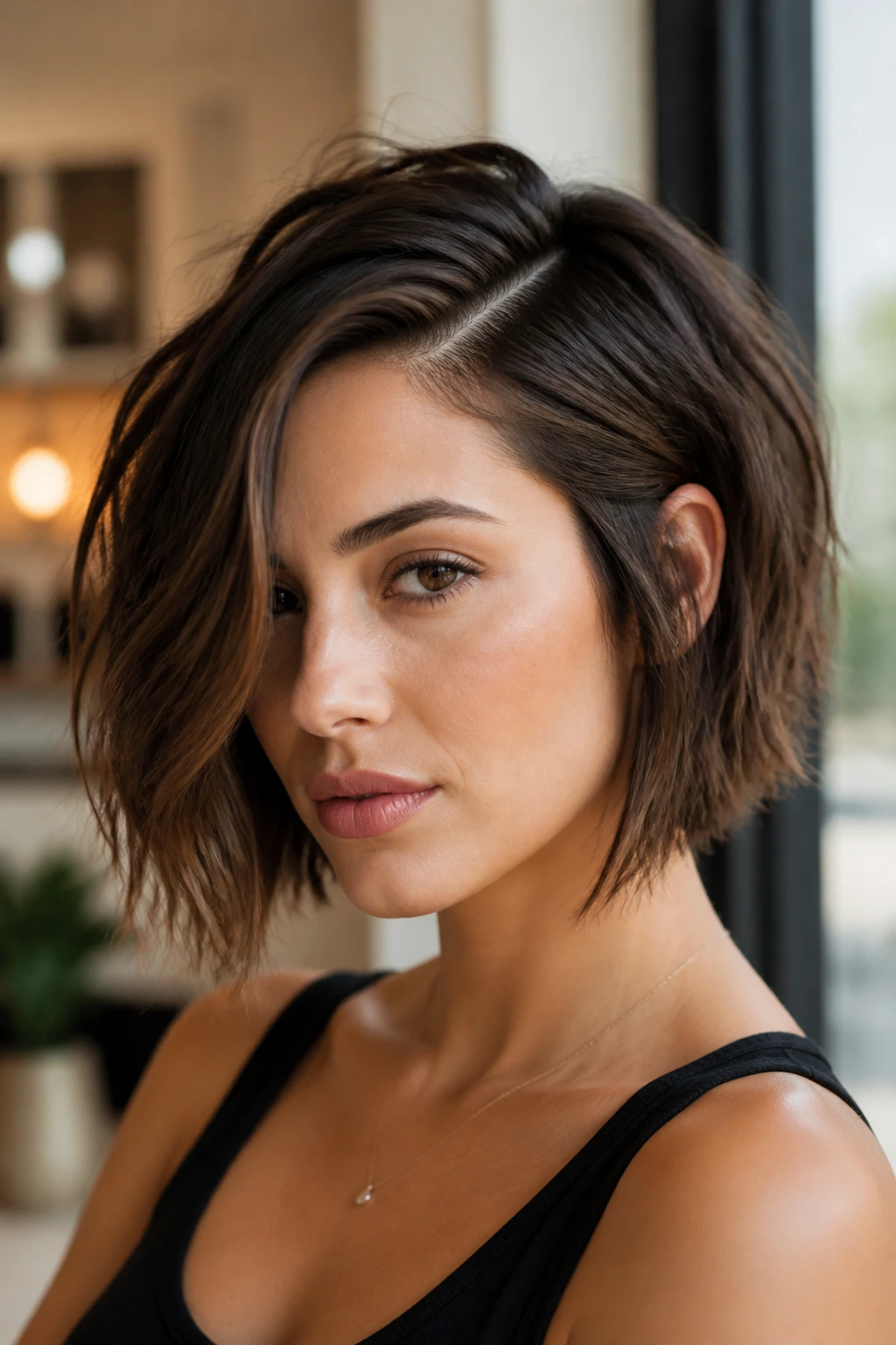 Close-up of a person with a deep-parted, choppy bob