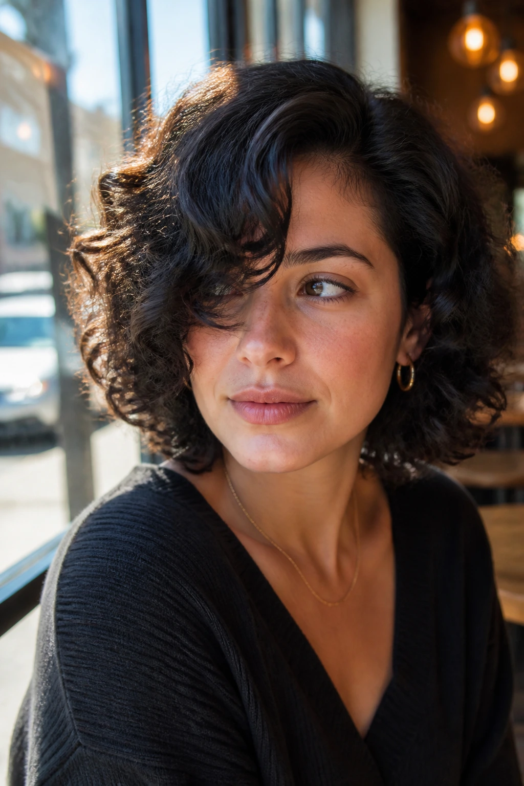 Close-up of a real woman with a deep-parted curly bob and sweeping side bang in daylight