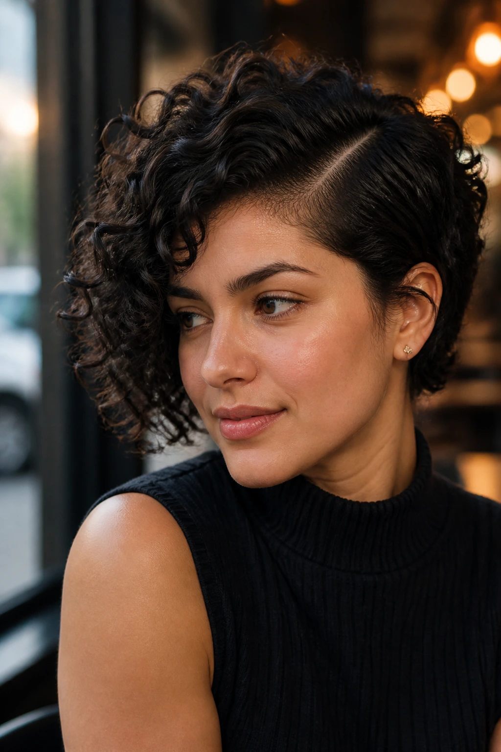 Close-up of a person with a deep-parted curly crop in a cafe setting