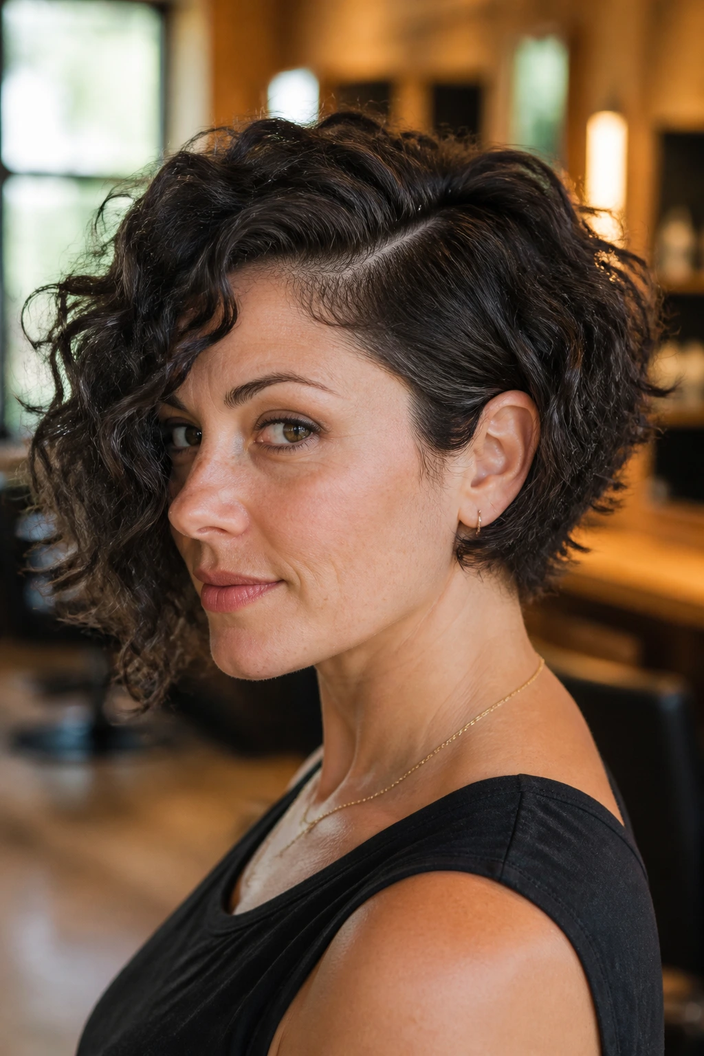 Close-up of a woman with a deep-parted inverted bob and dramatic side sweep.