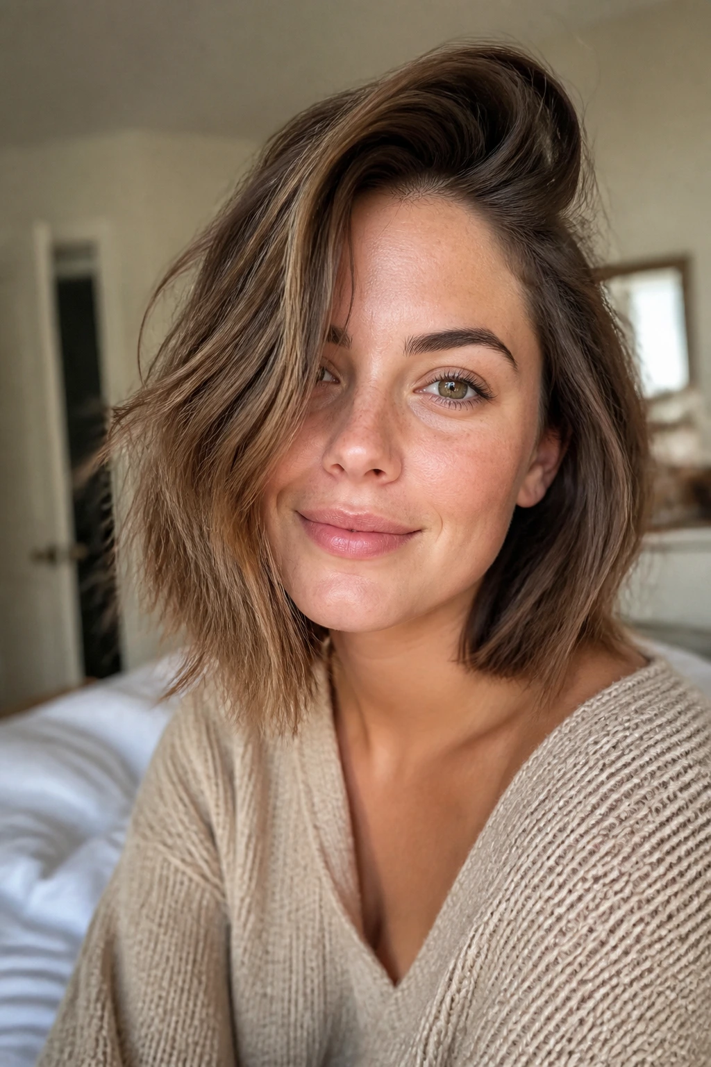 Close-up portrait of a real woman with a deep-parted lived-in lob and bedhead texture