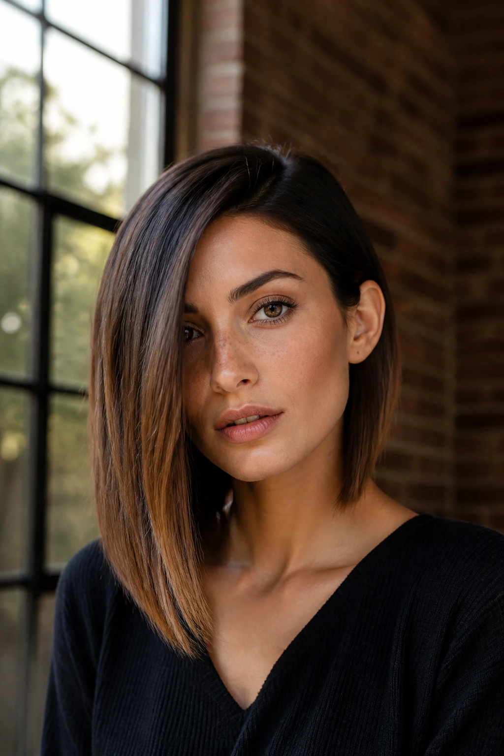 Close-up portrait of a real person with a deep-parted super-long bob showing dramatic length difference
