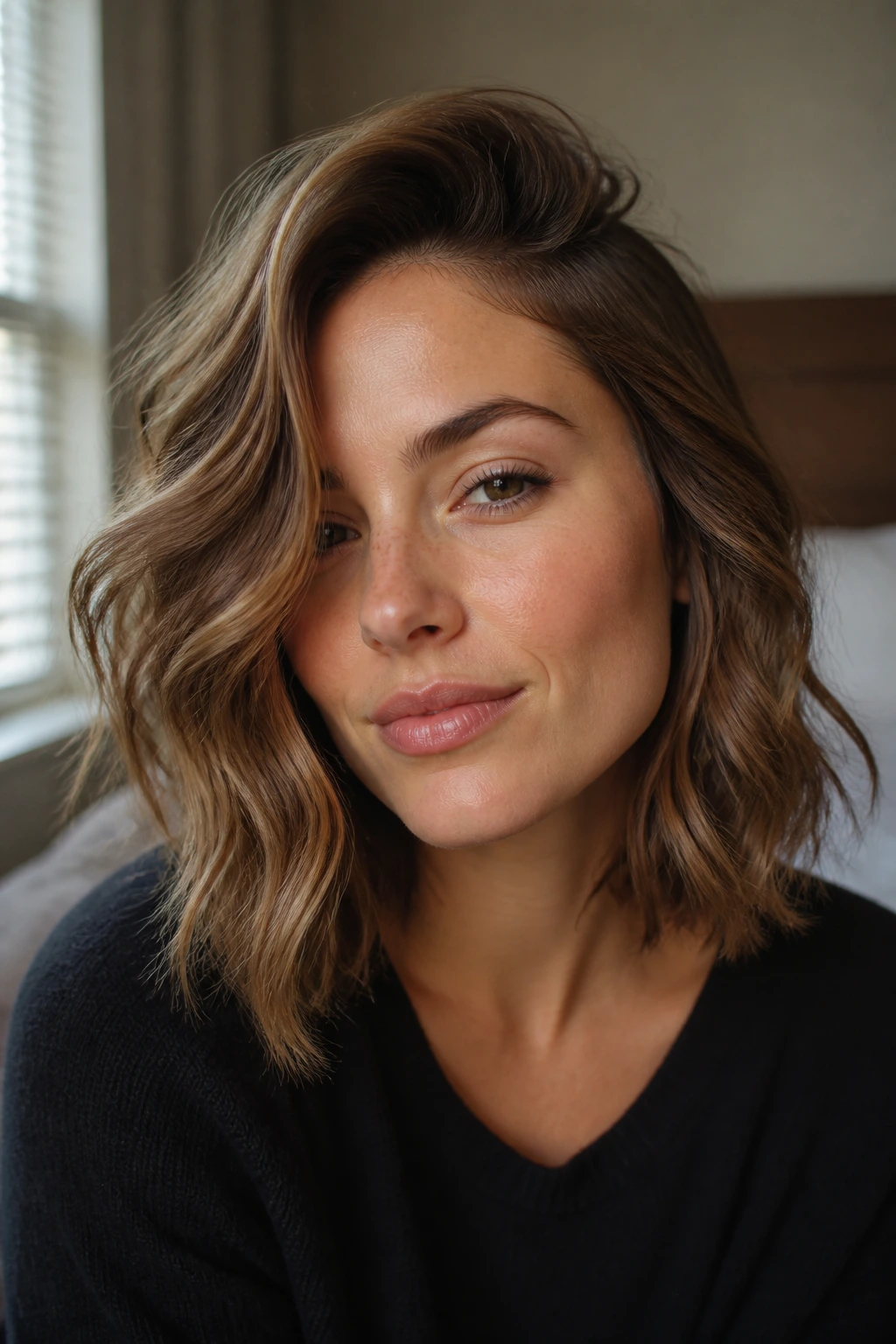 Close-up portrait of a real woman with a deep-parted wavy lob and side-swept waves.