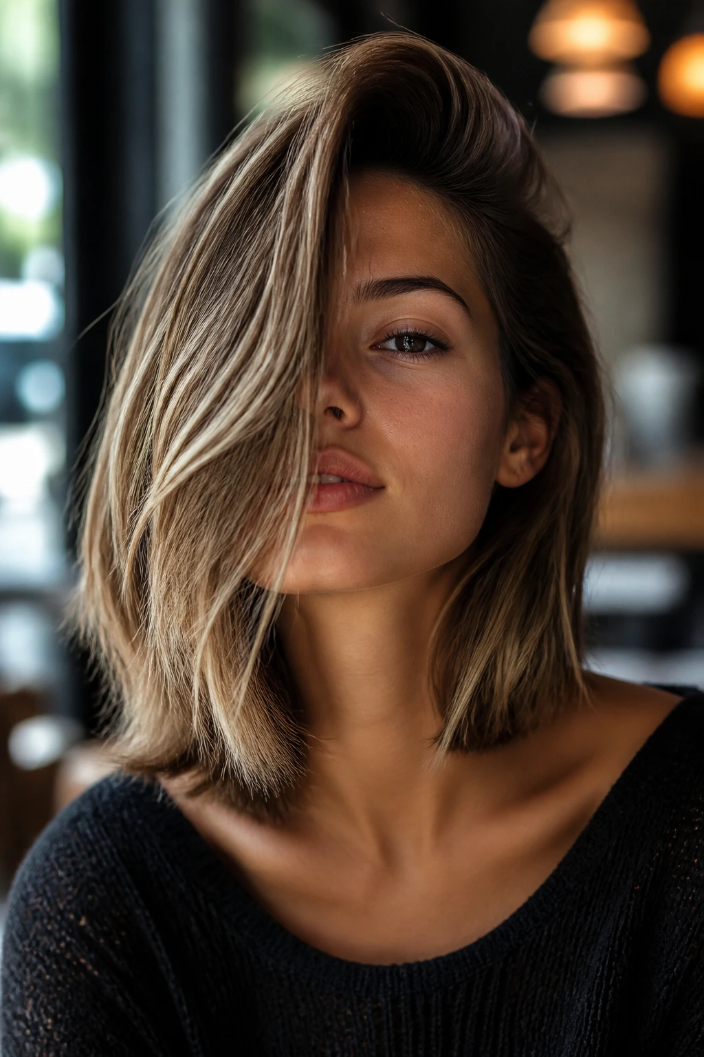 Close-up portrait of a person with a deep side-part swoop over one eye.
