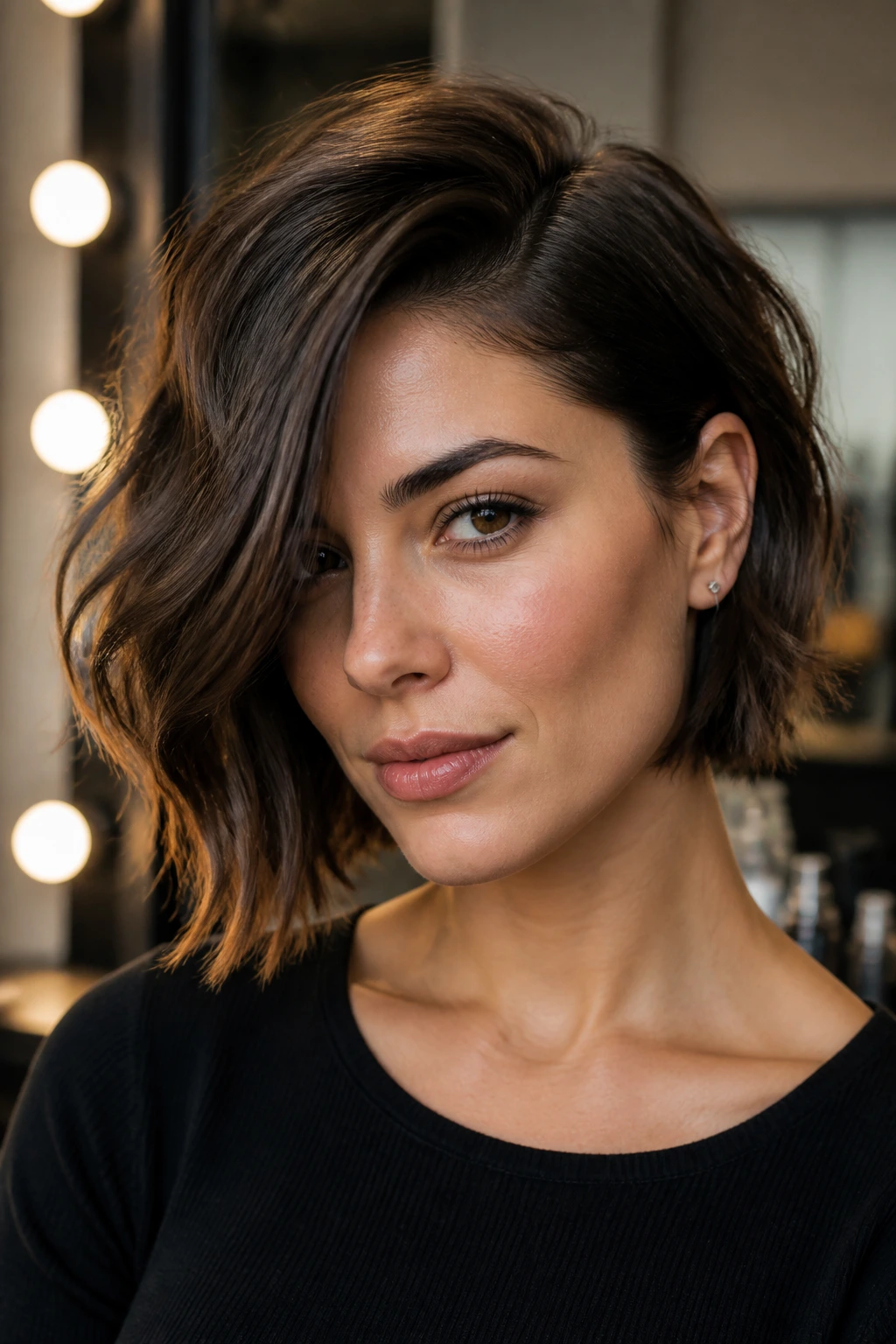 Close-up portrait of a real person with a deep-parted textured bob
