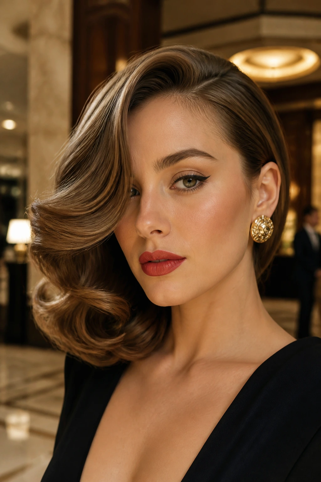 Close-up of a real person with a deep-parted vintage flip showing a dramatic swoop