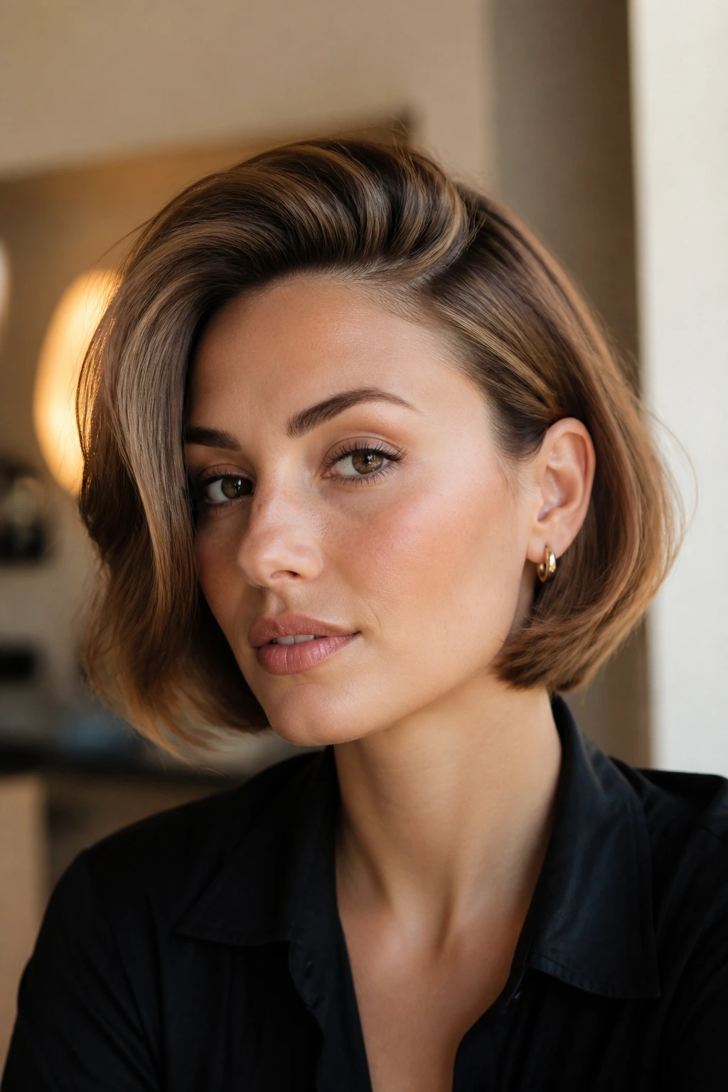 Close-up portrait of a real woman with a deep-parted volume bob in warm window light.