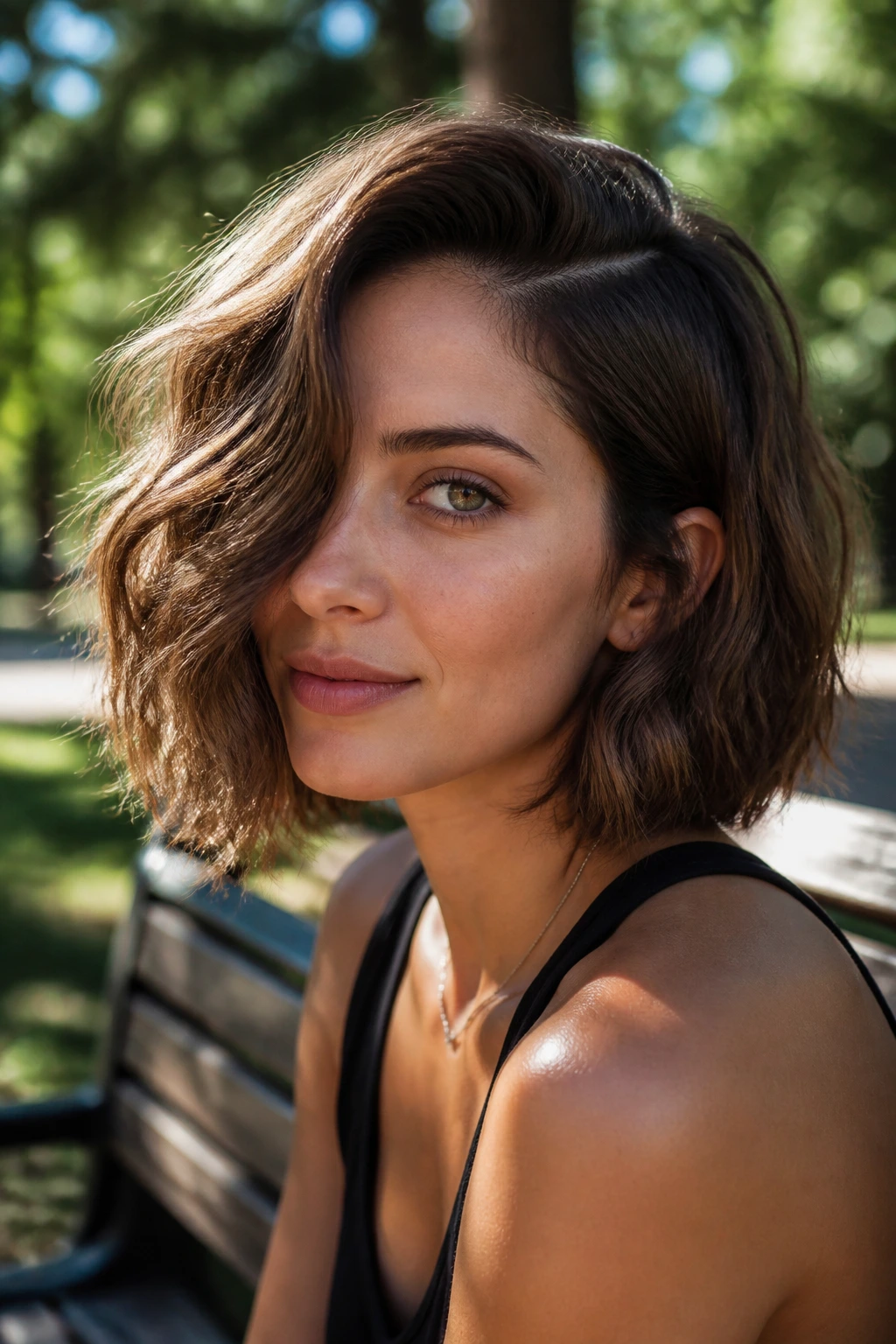 Close-up of a deep-parted wavy bob on a real woman in a sunny park