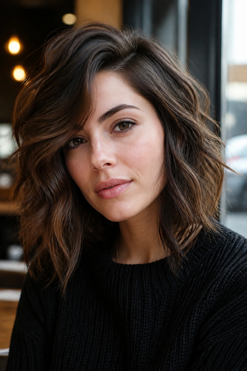 Close-up of a real woman with a deep-parted wavy shag hairstyle in cafe light