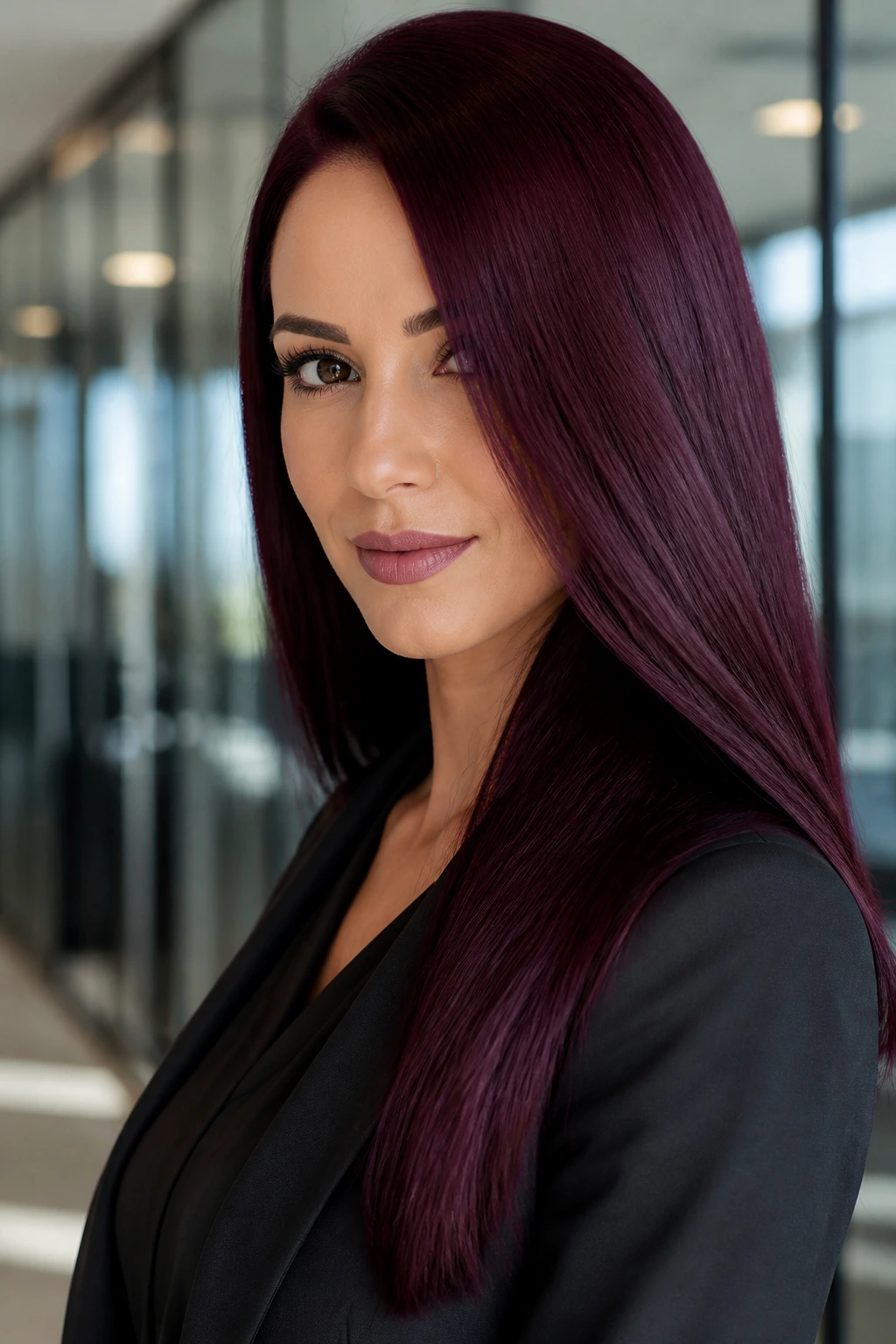 Portrait of a real person with solid deep plum hair and high shine in an office setting.