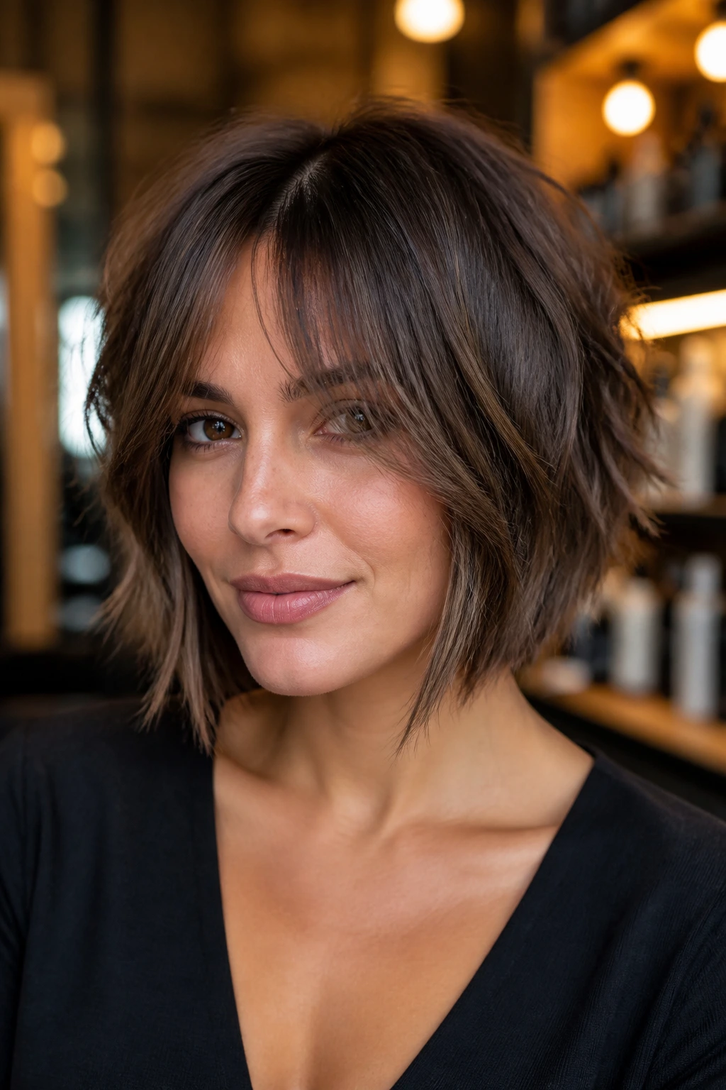 Portrait of a woman with deep-pointed choppy bob and curtain bangs in a salon setting