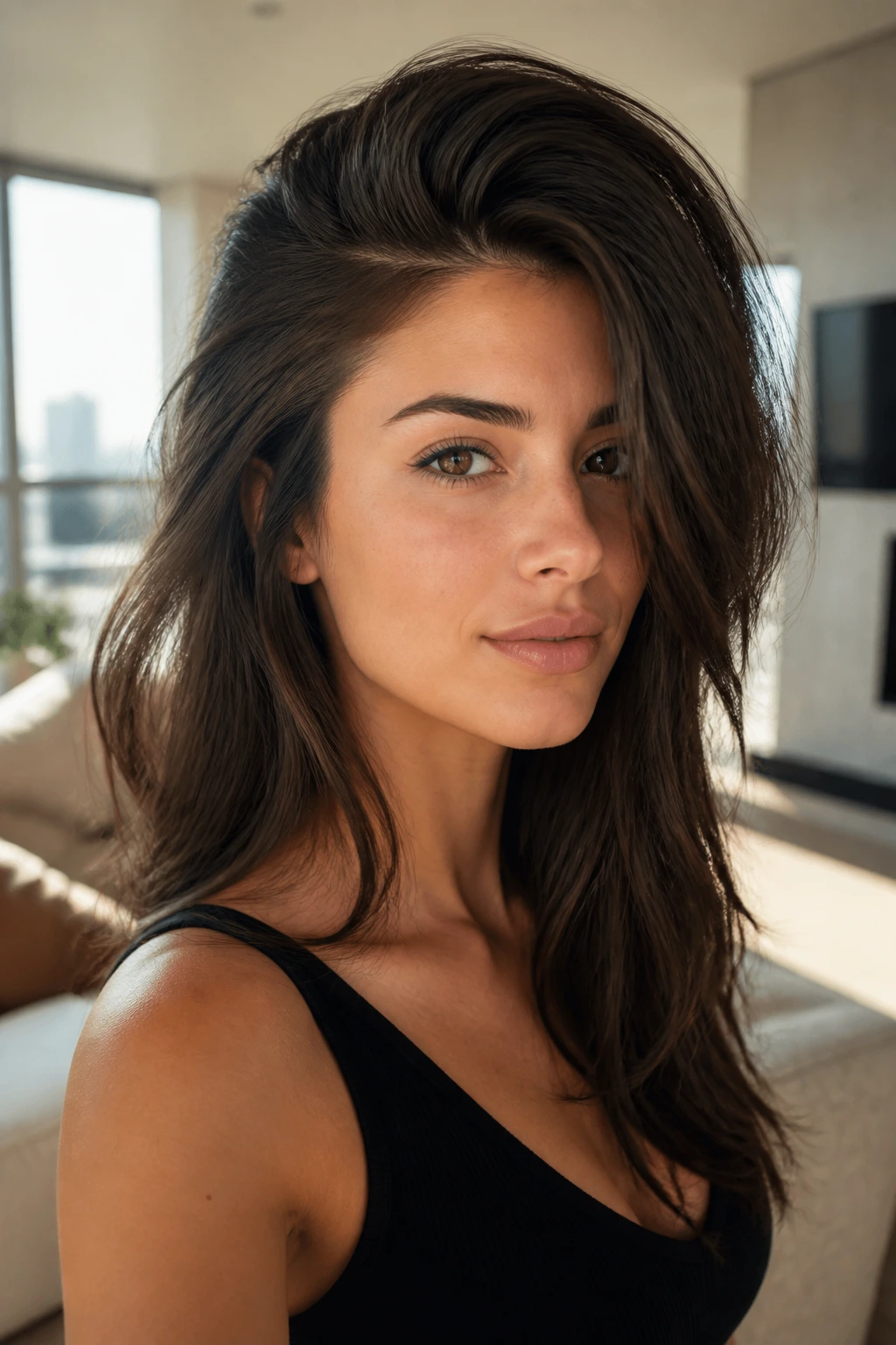 Close-up portrait of a real woman with deep-root lift side-part
