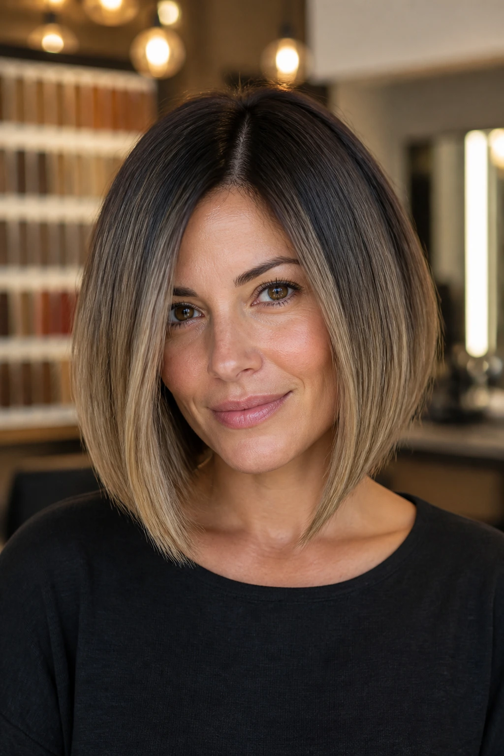 Close-up of a real person with deep-rooted A-Line hairstyle