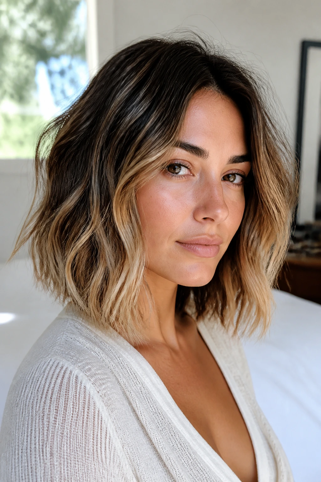 Portrait of a woman with a deep-rooted lob featuring dark roots and lighter ends
