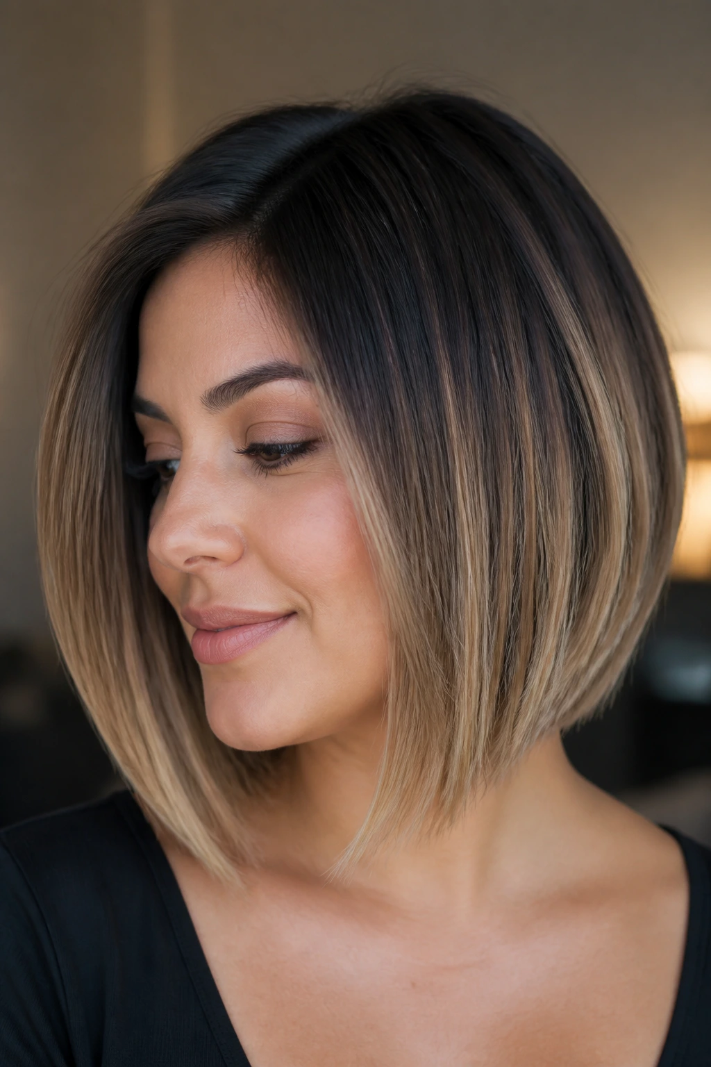 Close-up of a real person with deep-rooted ombré inverted lob