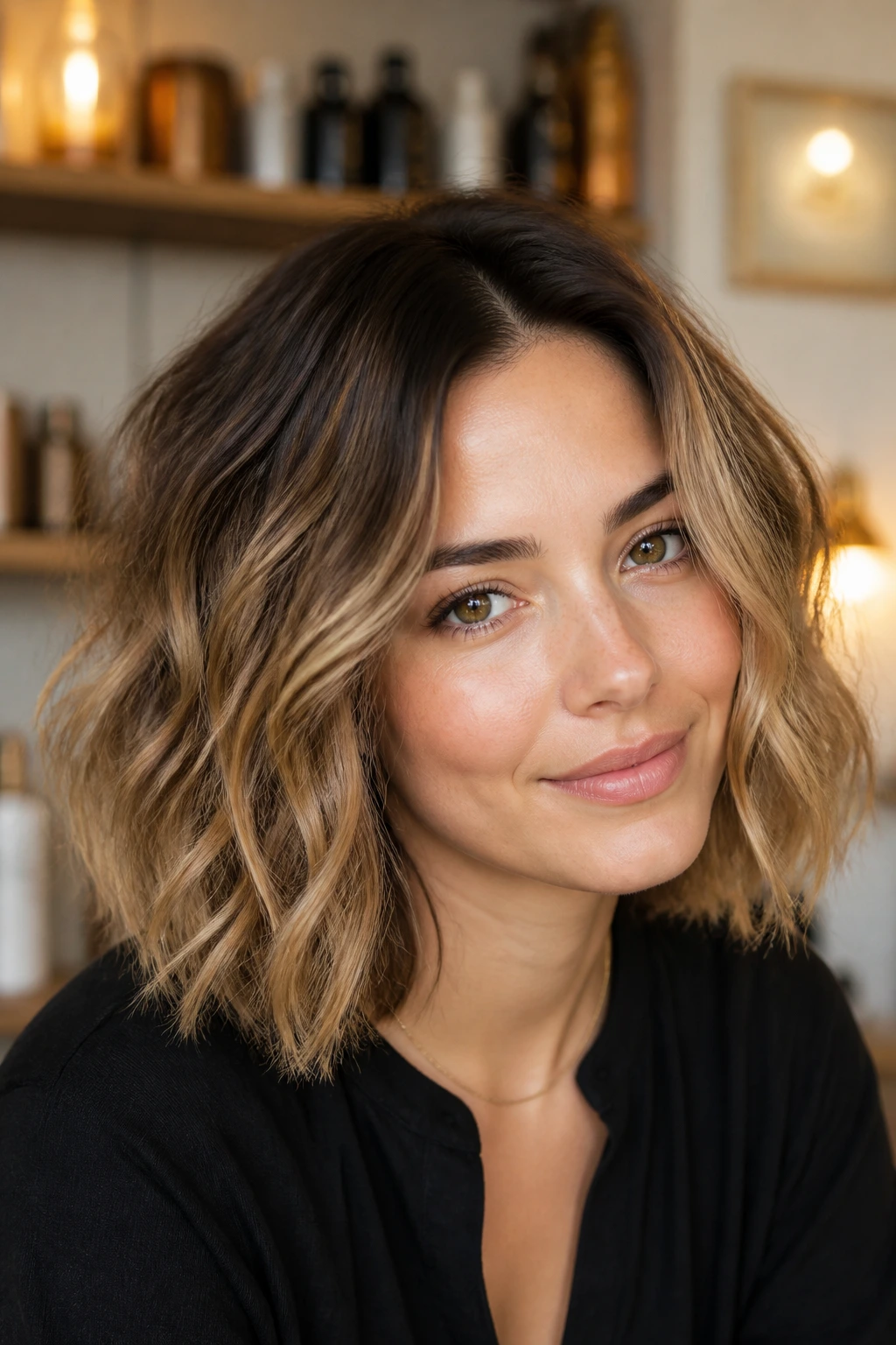 Portrait of a real woman with a deep-rooted wavy bob and dark roots.