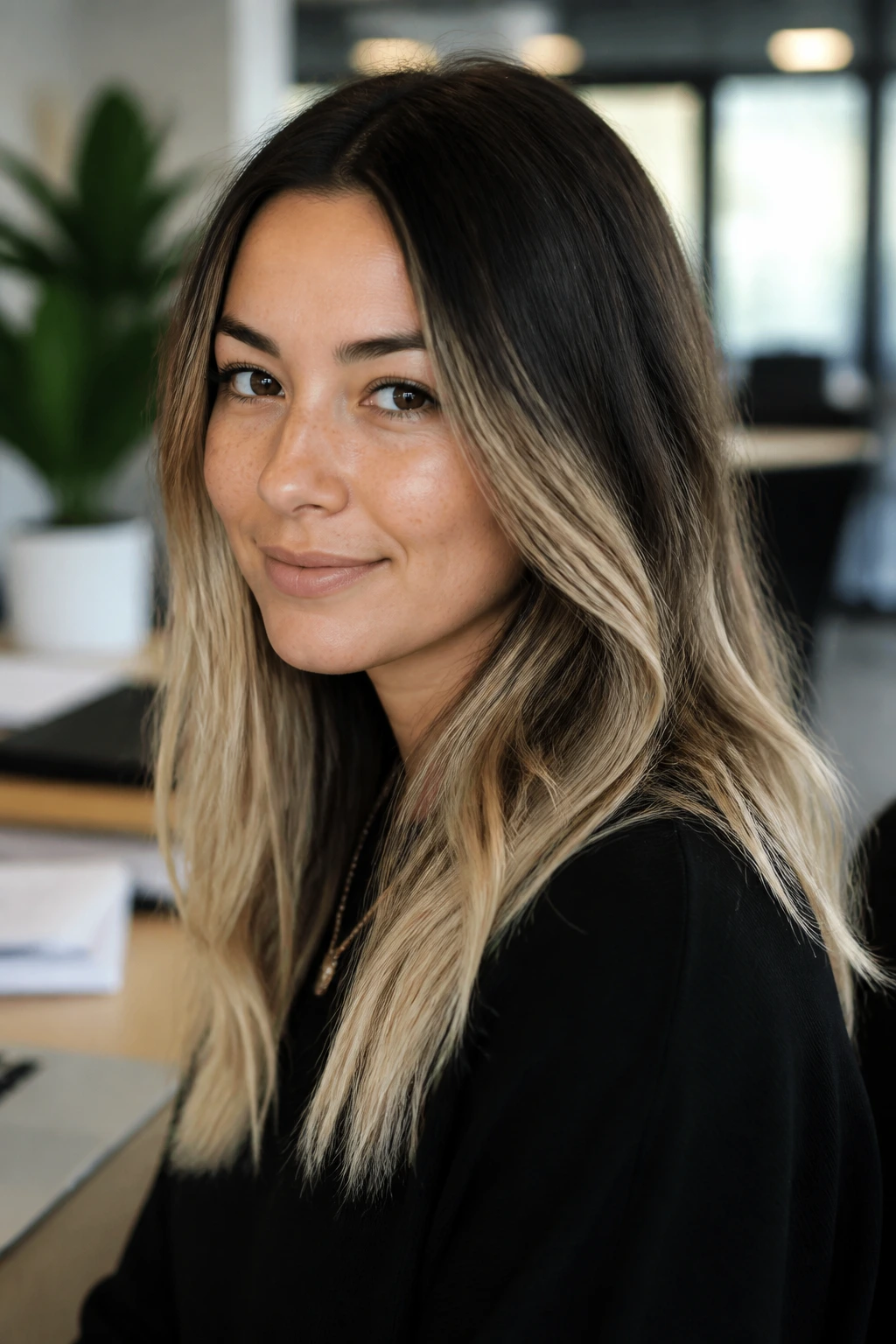 Close-up of a real woman's hair showing dark roots and bleached tips in an office setting