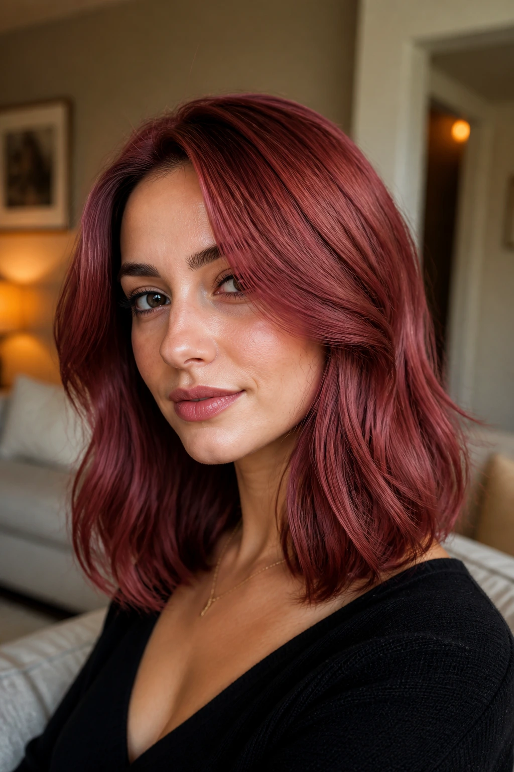 Close-up portrait of a real woman with deep rosewood pink hair color.