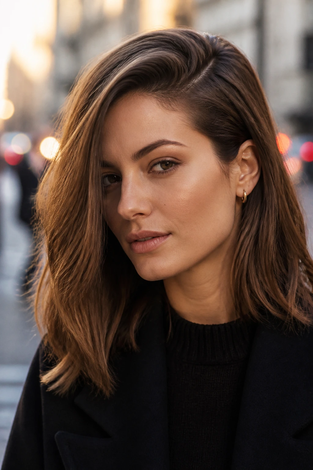 Portrait of a real woman with a deep side part and diagonal hair sweep