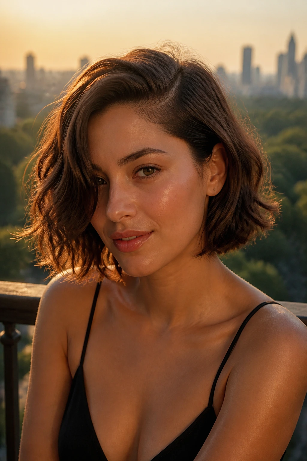 Portrait of a woman with deep side-parted wavy bob on balcony