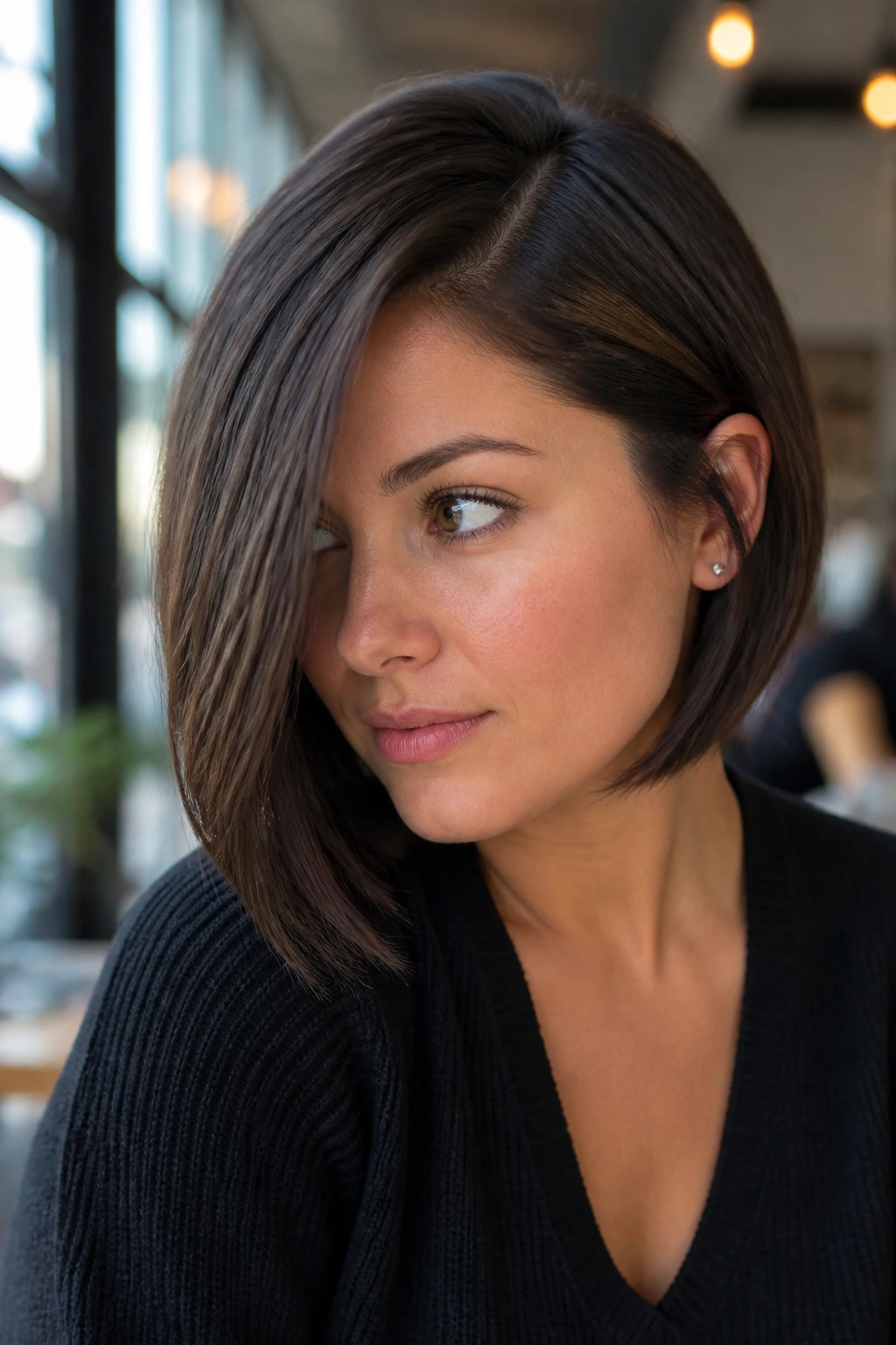 Real woman with deep side-parted A-Line in a cafe setting